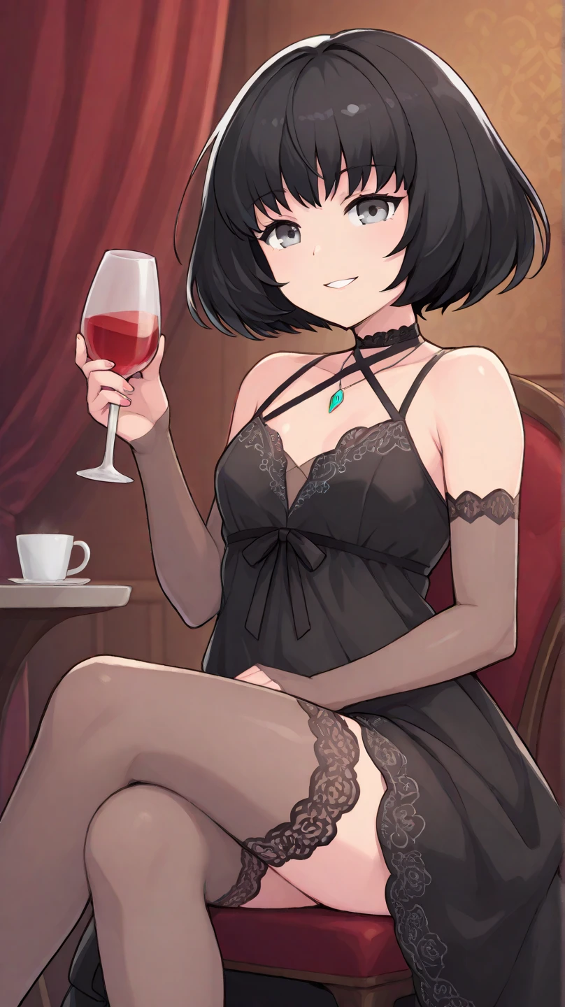 White skin, woman, scars, cut scars, scars all over her body, scars below her eyes, warm look, extremely short hair, black hair, long dress, black dress, exposed back, exposed shoulders elegant, holding wine glass , black glasses, round glasses, thin glasses, black ribbon on the neck, long solid black gloves, black eyes, medium breasts, big ass.