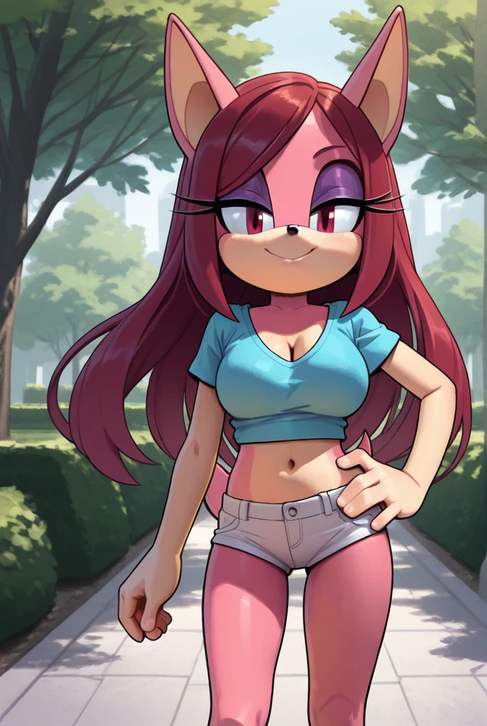 1girl, mobian fox, light pink eyes, light pink hair, extremely long straight hair, medium breasts, cleavage, happy, strapless crop top, pajama blue baggy pants, long sleeves, barefoot, japanese theme, portrait