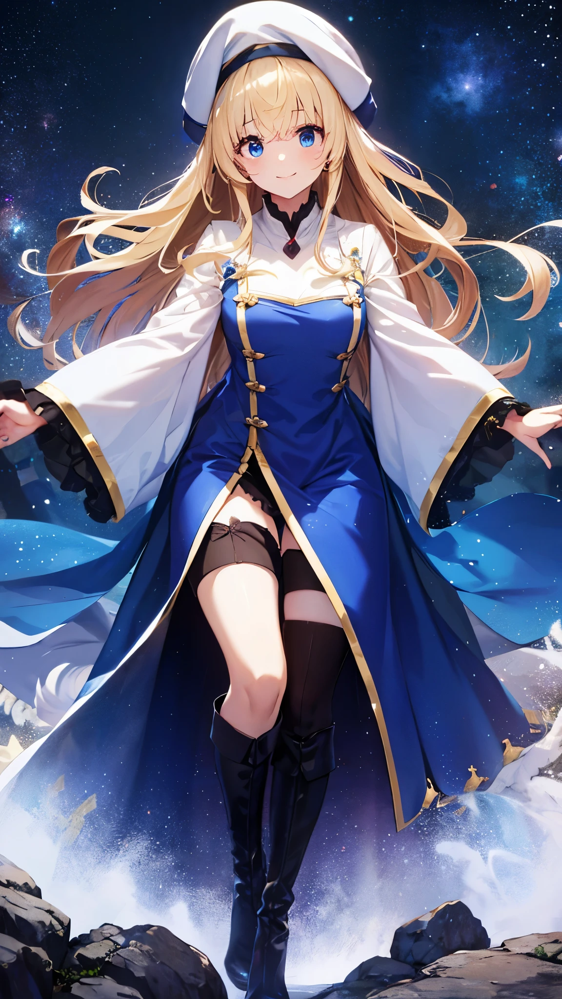 highest quality、best image quality、In 8K,4K,masterpiece、super detailed、beautiful、super high quality、nice,game CG,beautiful女の子,five fingers,(cowboy shot),shrine maiden, blonde hair, blue eyes, long hair, hair between eyes,magic wand to grab,smile,Knee-high boots, dress, frills袖, frills, have, white hat, pelvic curtain, high heels, robe, thigh boots, white thighs, long sleeve, puffy sleeves,hair blowing in the wind、starry sky,Mysterious space,own hands clasped,light powder