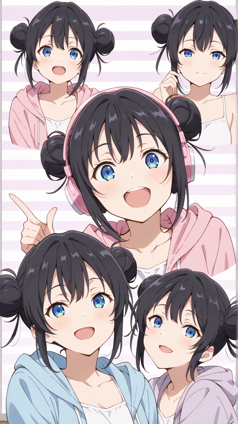 black hair, gradient hair, double bun, crossed bangs, bangs pinned back, facepaint, aqua eyes, eyeball, wide eyes, gradient_eyes, slit pupils, pupils sparkling, solid circle eyes, pink eyes, food on face, tongue, fingersmile, expressions, bright pupils, smiley, glint, laughing, happy, excited, oral invitation, Surrealism, Pop art, glowing light, cowboy shot, 8k, super detail, UHD, retina, retina, masterpiece, accurate, anatomically correct, textured skin, super detail, high details, high quality, award winning, best quality, highres、Create an anime-style illustration of an anthropomorphized panda girl with a cute face. She wears panda-inspired clothing and has a gluttonous, energetic, and tomboyish personality. The background includes bamboo, and several elements in the illustration should remind viewers of pandas. The world should be colorful and pop, with only one character present.