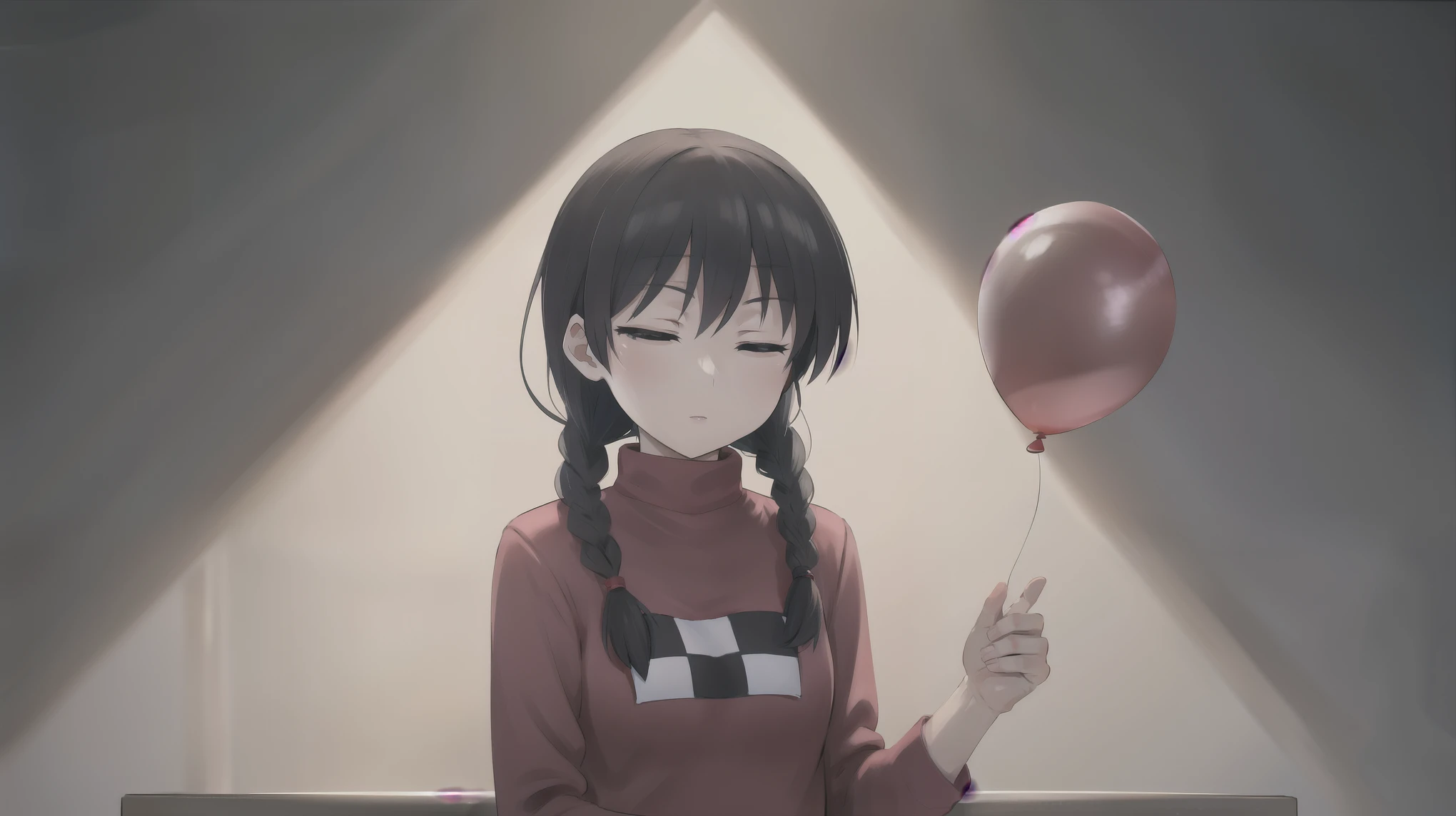Madotsuki , pink sweater tied to a pillar, logo,胸の白黒ロゴを綺麗に, Skirt, Holding a balloon, eyes closed, upper body, shadow, dark, 薄 dark,plain background,指を綺麗に,高画質,