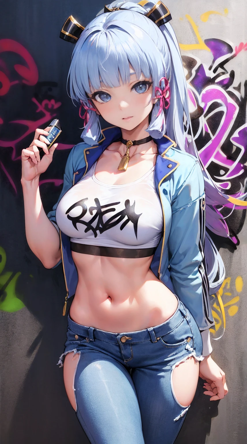kamisato ayaka|genshin impact, master-piece, bestquality, 1girls,20 age, Double tail hairstyle, proportional body, Long Jeans, oversized breasts, ,bara, (Graffiti:1.5), Splash with purple lightning pattern., arm behind back, against wall, View viewers from the front., Head tilt,