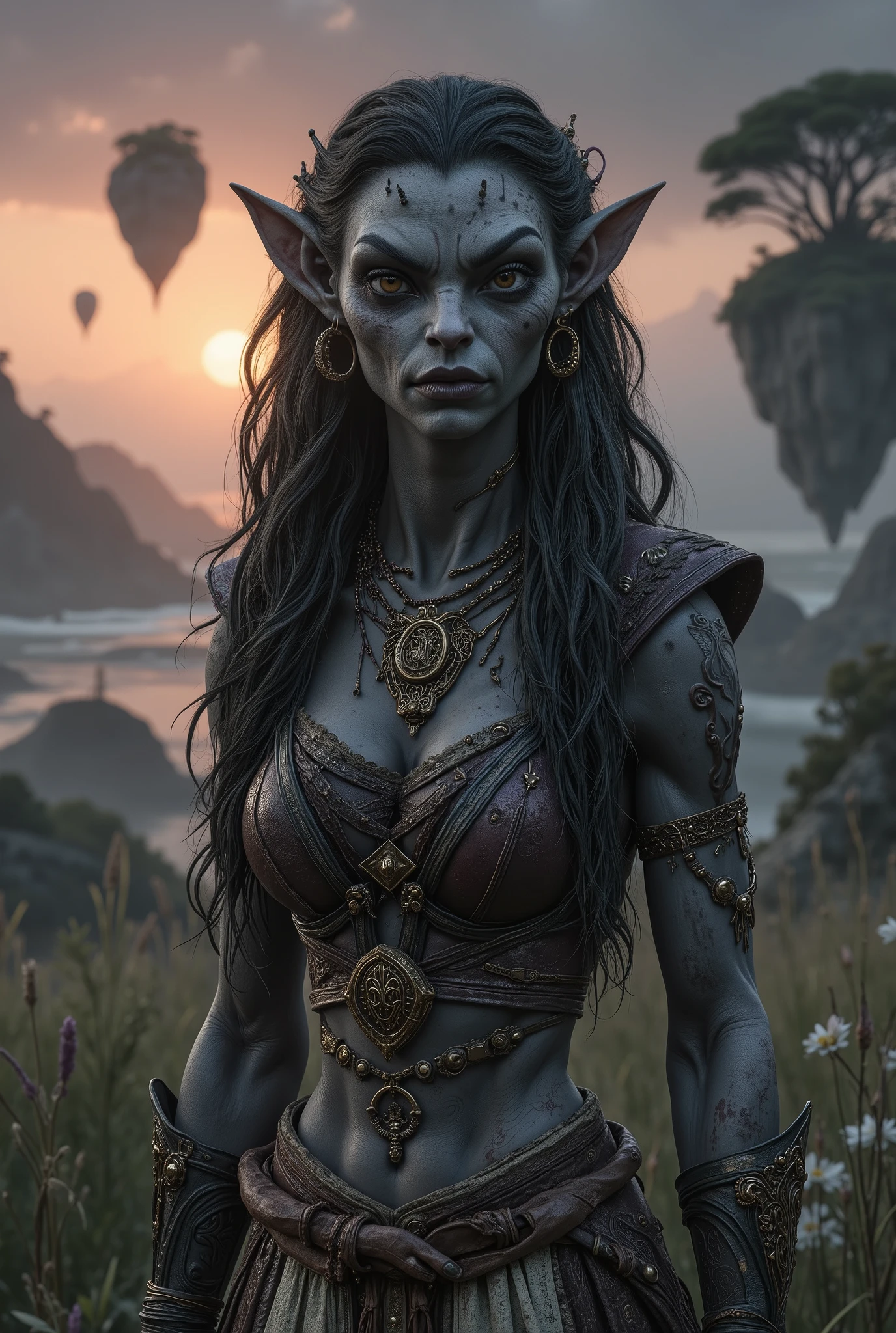 view from height,full-body-shot,obsidian The Alien Entity, half-Moana, sassiness temper,natural leather textures, hyper realisitc, hyper detailed,Extremely detailed,High contrast, ,Realistic,Ultra Detailed,intricate details,realistic humid skin,extremely intricate,Epic Realistic, Romantic, cinematic style,irina yermolova, orc's village of fishers,full body length,ominous landscape,floating islands on background in dangerous atmosphere,sunset, a Tim Burton-inspired dreamscape,Bun Hair,(Folk clothes:1.5),full body length,niobium goblin,native africa ,once pretty face,eyebrow up,full body shot,ominous landscape,niobium gray atmosphere,photo,photorealism,Masterpiece,hyper natural skin textures, hyper realism,hyper detailed,High contrast,Realism,Ultra Detailed,irina yermolova,close full body shot,32K resolution,Nikon Z9, ,demonic fog, smoke, audience, mist, featuring ultra-realistic and hyper-realistic elements, Marta Bevacqua, Ellen Jewett, Kawacy, Katsuya Terada, Carne Griffiths,concert lighting, bokeh, luminal space that feels both bright and surreal. Includes liquid fluid elements for added depth and movement. Rendered in an unreal engine and post-processed to achieve . Evokes a sense of dreamy, ethereal and mystical mood,horror pixar movie still,thriller disney movie ,pixar render, animated ,suicide,psychiatric clinic, insane fantasy,storm,cloud storm
