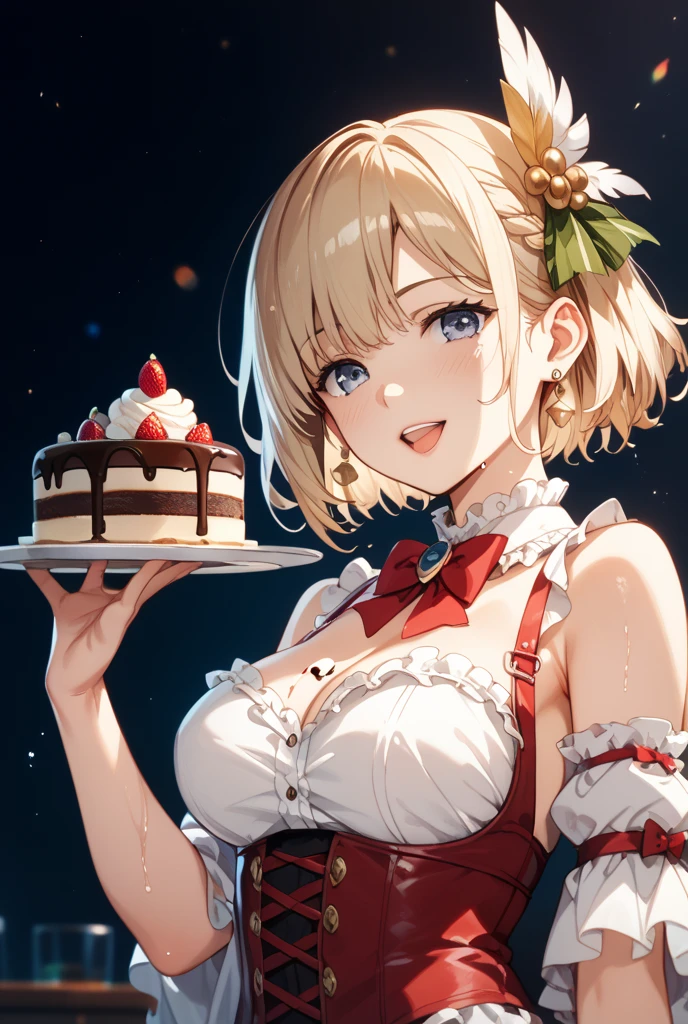 1 girl, small nose, very beautiful detailed face and eyes, bright colors, cute face, delicate beautiful face, Bright magenta eyes, cute eyes, sparkling eyes, Big eyes, (big breasts:1.3), (perky chest:1.1), (pointed chest:1.0), (cake magazine cover:1.3)，highest quality, WorKs of masters, High resolution,BlacK color hair，shiny hair, side ponytail,hair between eyes,bangs, (black jacket, real clothes, cleavage, black skirts, black thighhighs, thigh strap, fingerless gloves, single glove:1.2) , spread legs, panties shot, medium hips, glamorous body, white skin, smile, thin pubric hair, super beautiful face, Super beautiful eyes, Super beautiful hair，trendy outfit，sexy and attractive,full body esbian, Real World, Natural light,perfect Natural light,(with sparkling eyes and a contagious smile), This masterpiece is not only visually stunning but also tells, make of cake cooking , in the kitchen, open mouth, looking at viewer, 