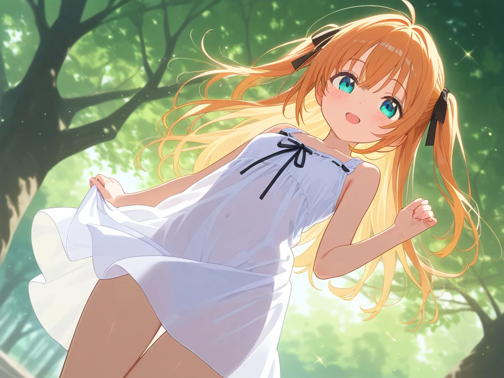 masterpiece, best quality, nsfw, 
 1girl, view from below, 
 (lift up the white dress:1.4), white dress, (white panties:1.5), straw hat, orange hair, embarrassed face, 
 grassland,