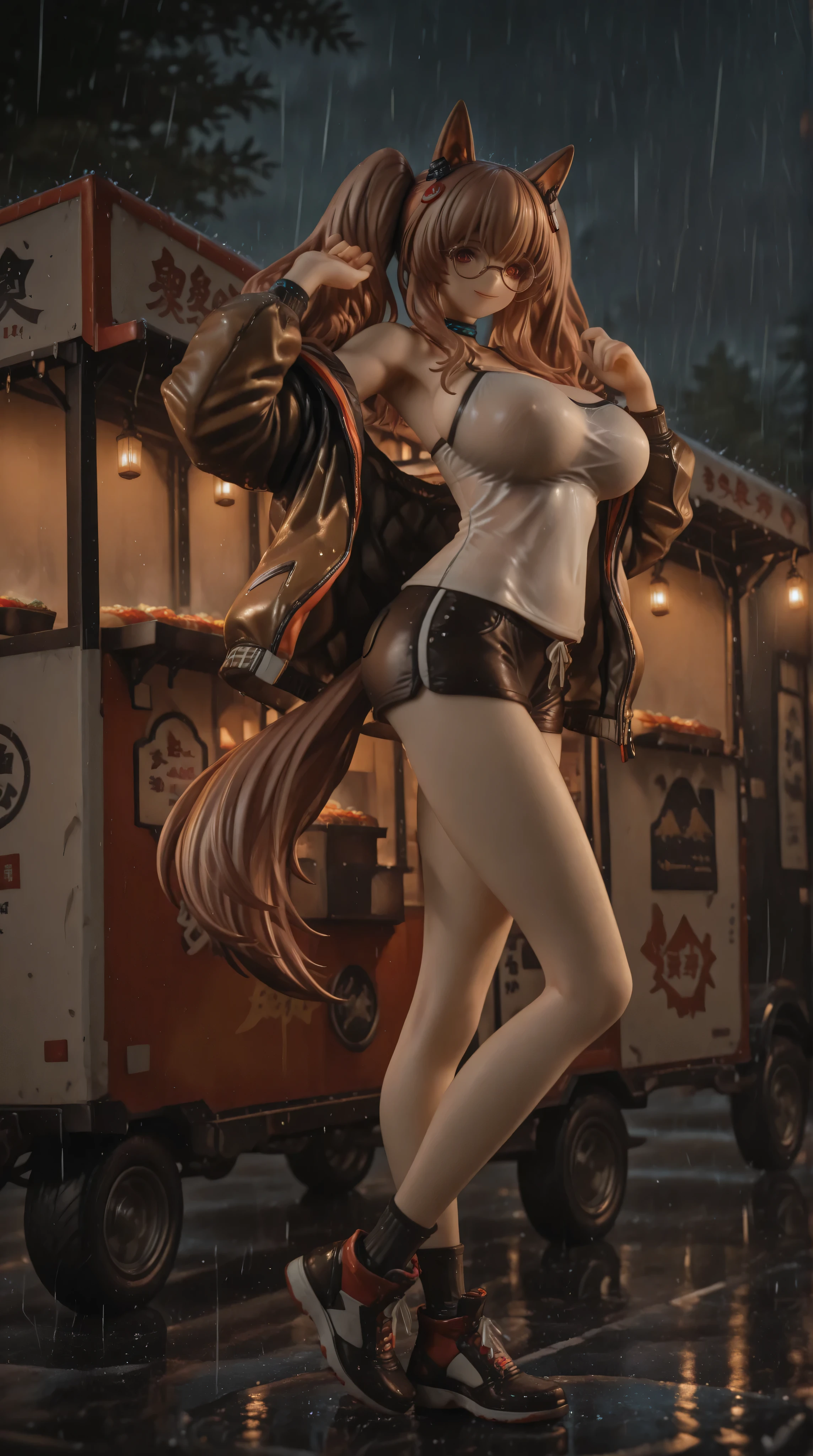 (NSFW:1.1). a realistic image, extremely sharp focus, crisp details, high resolution, low light, cinematic lighting, 4K, 8K. (correct anatomy and detailed hand). side view, low angle, full body. a detailed, high quality rendering of angelina from arknights. She wears beautiful, detailed round eyeglasses, she wears a string camisole, bomber jacket and shorts. She has a beautiful huge breasts. She has a beautiful face details, a beautiful detailed red eyes, twintails, brown hair, animal ears, armpits, detailed hands, five fingers and a real human skin texture, her expression is smiling and she looks at the viewer. food truck, rain. the background has highest detail, detailed background and depth of field.
