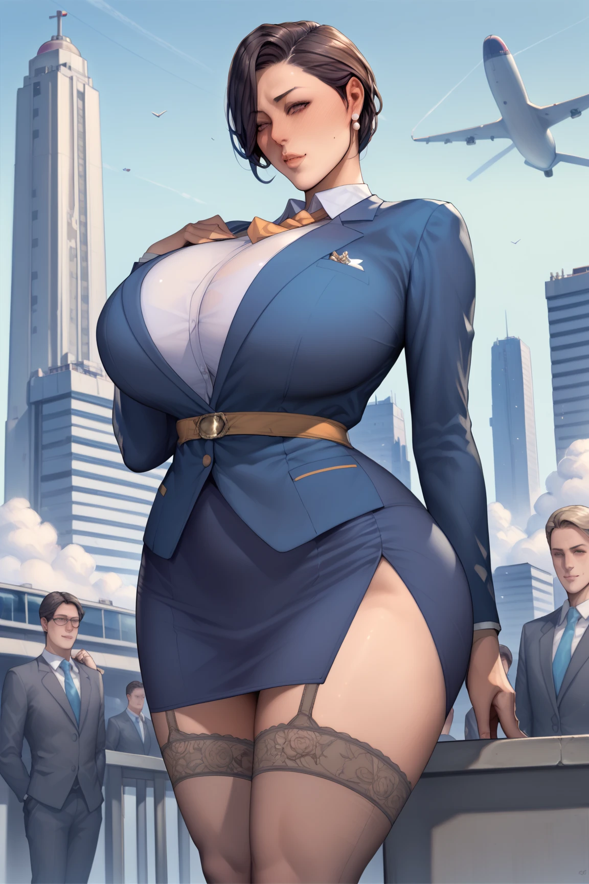 security office, woman in short dress, curvy, pinup, fishnet stockings, leaning against computer console, cleavage, female security guard, white uniform