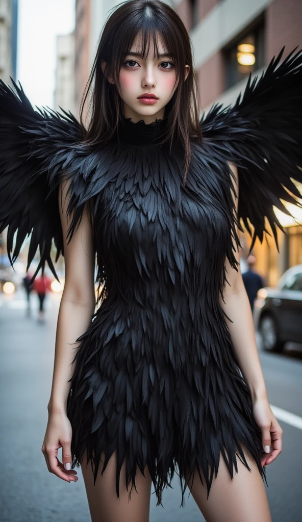 girl, Vibrant Colors, Master Piece, (Best Quality: 1.3), 8k Quality, (absurdres absolutely resolution),texture,(Extremely Detailed Illustration), (Super Fine Illustration), an Extremely Delicate and Beautiful, Ultra High Resolution, Fantasy, (super detailed), official art, production art, HDR, cute face, kawaii, (((1 girl))), (large crow wings on back:1.4), (blow kiss:1.4), light blue hair, long hair, small face, orange eyes, large breasts, hair with orange flower, (orange and black clothes, two tone one piece of frill:1.4),