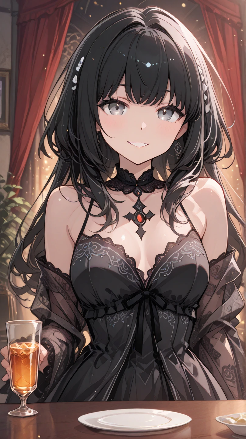 black hair, (solo), (black victorian dress), (smirk), red eyes, pale skin, (pale), ((dark aura)), ((fiendish aura)), indoors, large breasts, ((dark energy aura)), one bare shoulder, ((shoulder is cracked))