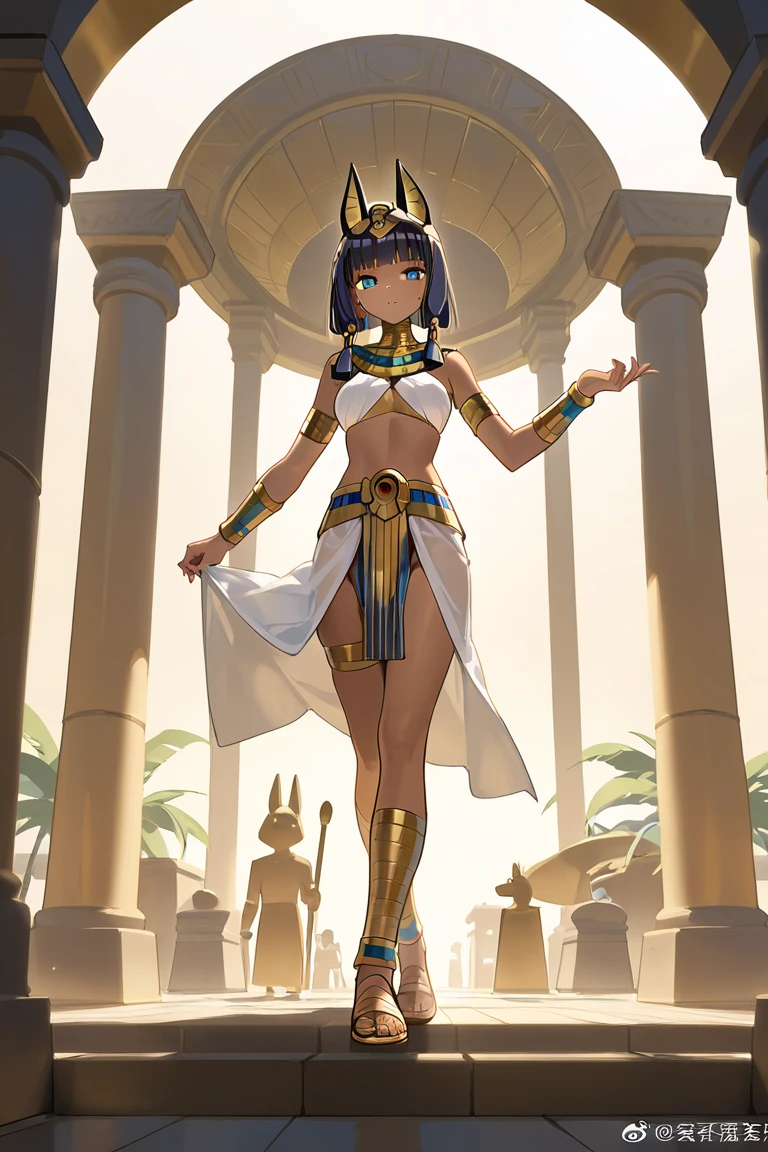 Best quality, masterpiece, Manga, nhentai manga, Vepto-sama! Hito o Ijimecha Ikemasen! | Wept-sama! You Mustn't Torment The Humans! ~Evil Deity Queen Gets Her Just Deserts~, 1girl, solo, Wept-sama, dark skin, dark skinned girl, lolibaba, flat chest, tiny breasts, dark blue eyshadow, teal colored eyes, black eye marks, gold metal cat hair accessories, black hair, twintail hairstyle, gold bar earrings, white dress, pelvic curtain, white sash top, gold necklace, looking at viewer, egyptian clothes, 1girl, solo, jewelry, looking at viewer, dark skin, navel, bracelet, bare shoulders, full body portrait