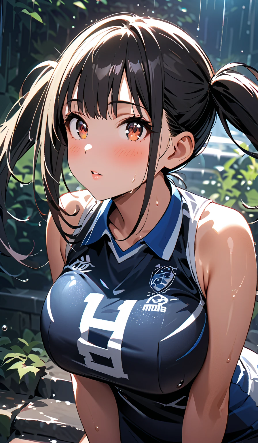 top-quality、Full limbs、complete fingers、one beautiful women、Beautiful Large Breasts、Medium Hair、poneyTail、A dark-haired、(blue volleyball uniform:1.3)、Blue bloomers、Bold sexy poses、 Face full of scars、Skin shiny with sweat、 injured scared girl、 crying wet bursting out eyes, real tears streaming down face, ultra-detailed eyes,bandaid on face,covered with mud,expression of despair,Illumination that emphasizes shiny sweat{{{Spread }}},(crotch rope walking:1.0)、20 years girl、Gymnasium、Volleyball Court、volley,