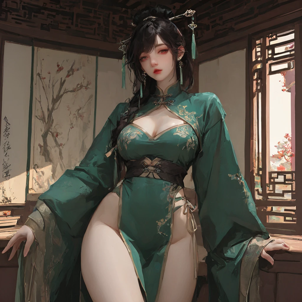 Arapefi, Green princess dress, seated on a throne,wearing high heels,Look from the front,next to a big window, close-up from the front, next to a window, sitting in a castle, Sense of transparency,(oversized boobs,1.5),Expose cleavage,Turn around and look at the camera,tmasterpiece,Flawless,Sense of transparency,Empty inspiration,More details and decoration,(Expose the whole body,1.8),Exposing thighs,,long leges,8K,(Wear decorations such as rings,1.9),White-colored skin,Ornate ornament,Waist stockings,one-girl