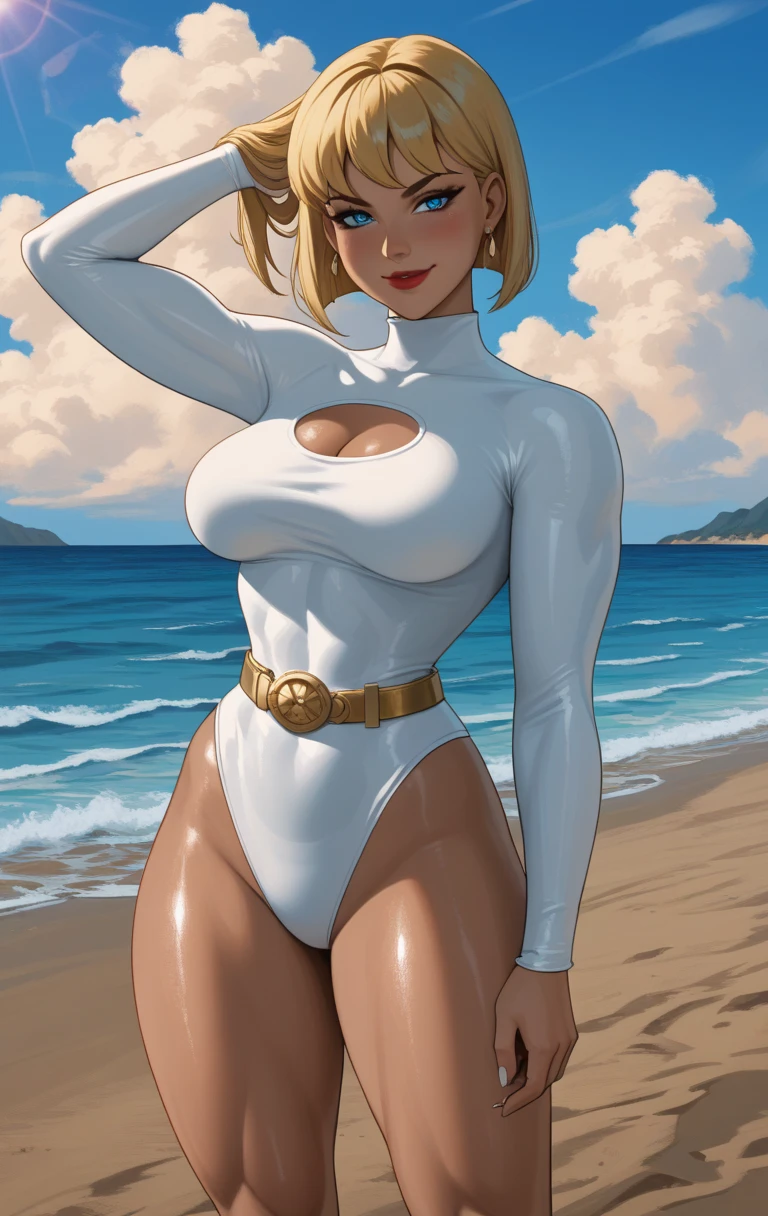 masterpiece,(masterpiece, top quality, best quality),supergirl solo, platinum blonde hair, belt, hand on hip, holding, large breasts, white bodysuit (supergirl insignia on chesr), choker, supergirl insignia white jumpsuit, simple background, looking at viewer, smile, bodysuit, medium short hair, cowboy shot, bangs, standing, lips, closed mouth, brown eyes, medium hair, center opening, 