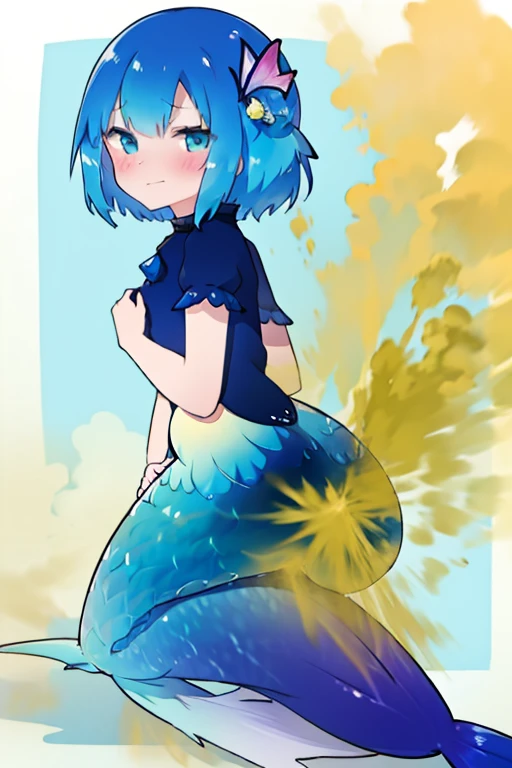 Line drawings are colored，Body flesh color，eyes brown，Blue fish tail，