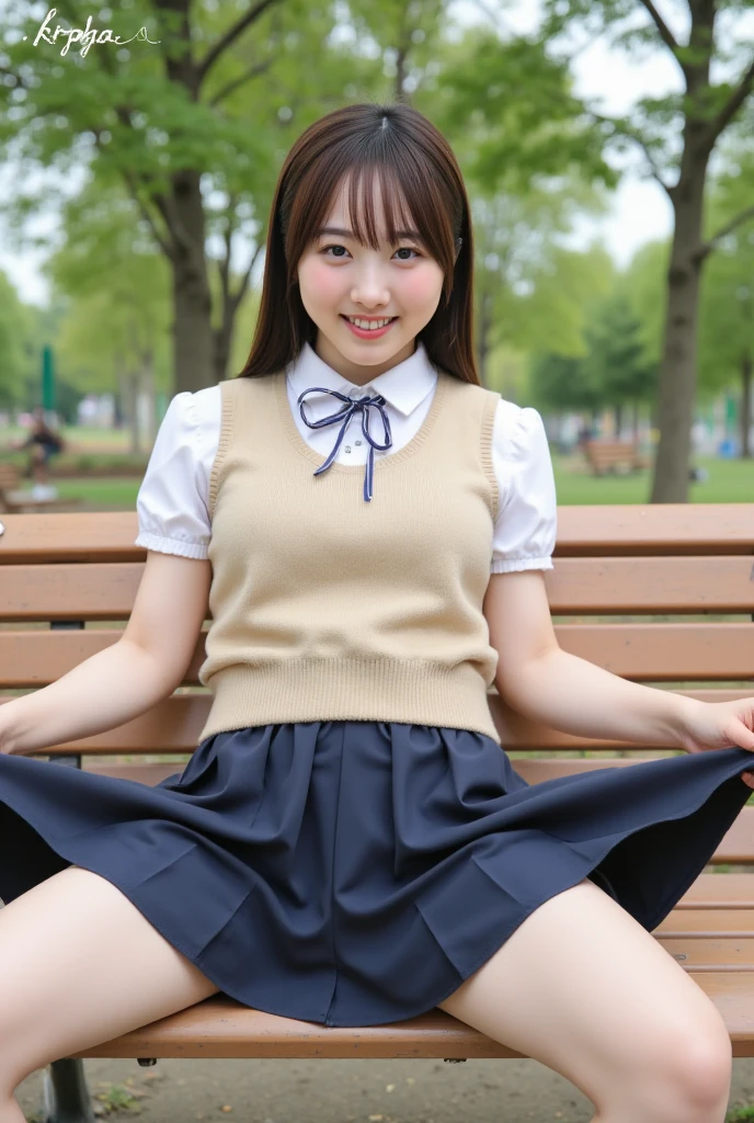 ((highest quality、8k、masterpiece:1.3)),((((fullbody shot)))),Ultra-high resolution,big eyes,Japanese,bangs,(a girl),(1 girl),((20 years old)),((facing at viewer)),(long hair),(((black school uniform))),grin,((sitting on chair)),((black pleated mini skirt)),(((pussy))),(((open legs))),((skirt lift)),((short crew socks))