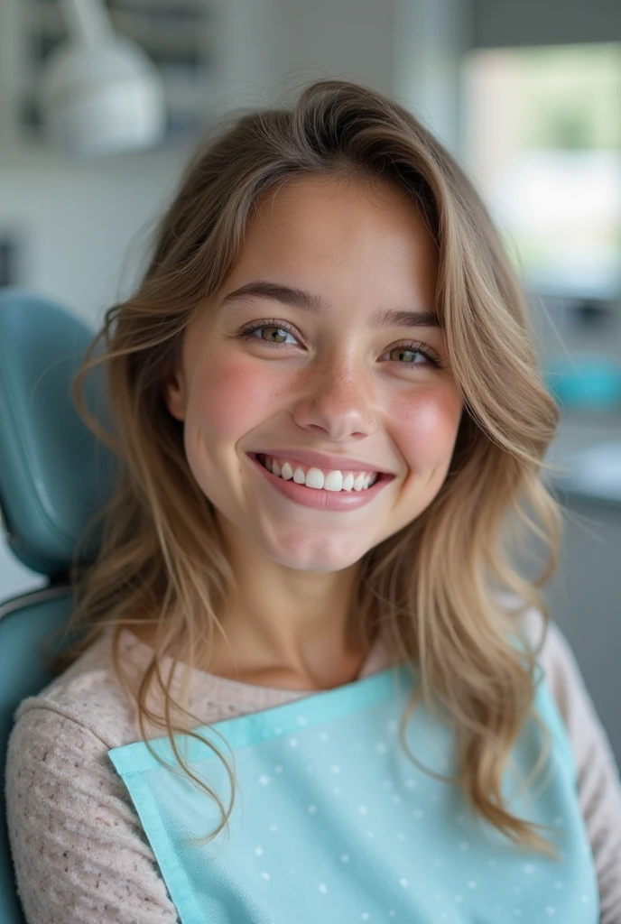 Make a banner for a dental clinic in bright colors with an image of a beautiful girl with a snow-white smile, who is in the dentist's chair. The image should be large format