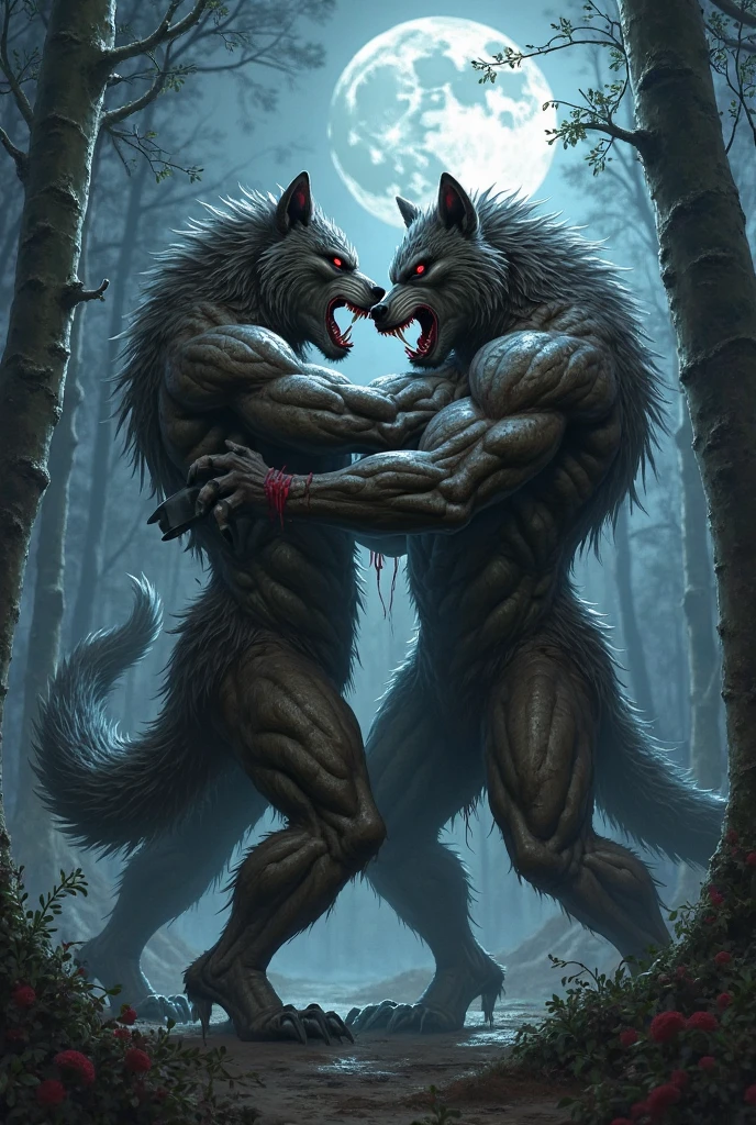 A monstrous deformed white werewolf, night, dark environment, darkness, fog, blood, red moon