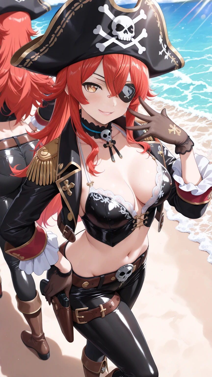 ((best qualtiy)), ((tmasterpiece)), (The is very detailed:1.3),Bust photo,cleavage,比基尼,sportrait,red tinted hair,Green eyes,sea beach,Greenery,flying birds,Sail ships,rays of sunshine