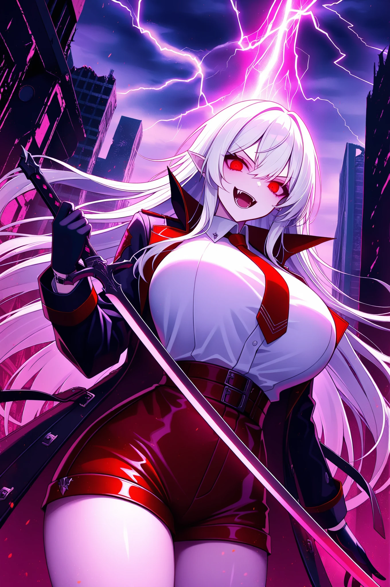 long white hair, vampire, glowing red eyes, uniform, white shirt, tie, red shorts, holding sword, 1girl, solo, vampire fangs, huge breasts, ruined futuristic city, dystopia, lightning storm, pink lighting, volumetric lighting, cinematic lighting, masterpiece, best quality, amazing quality, very aesthetic, absurdres, newest,