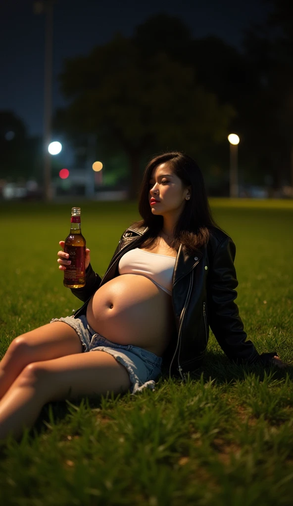 hyperpreg, full body view, Beautiful 18 years old latina girl with wavy long blsack hair, full lips, heavily pregnant with triplets leans against the counter in a beerhall, 20 empty pitchers on the counter, she has a incredible huge belly 1:5, nine month pregnant, her belly looks like 20 month pregnant, very huge oversized belly, very bloated belly, wears a low waisted jeans and a too short t-shirt, very extremely huge belly, drinking two piters of beer, her belly becomes bigger and bigger, her belly is three times bigger,