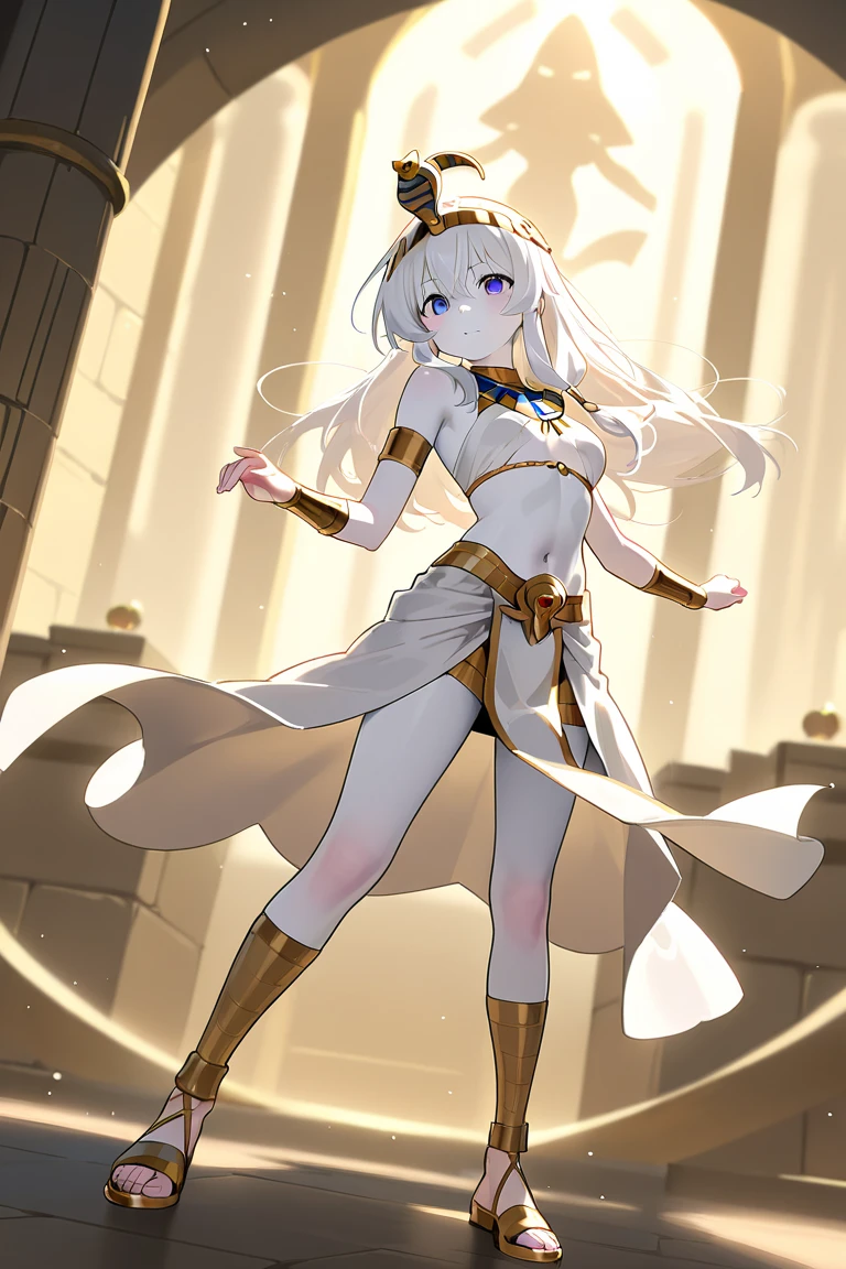 a woman elf with long white hair and golden eyes, tanned skin, long white gloves, white thighhighs, arm bangle, headpiece