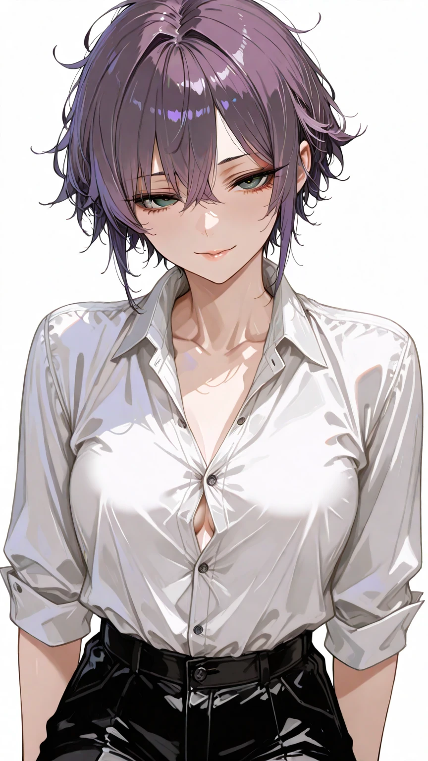 Dark-skinned milf, long purple hair,wearing white pajamas with a low cut on the chest