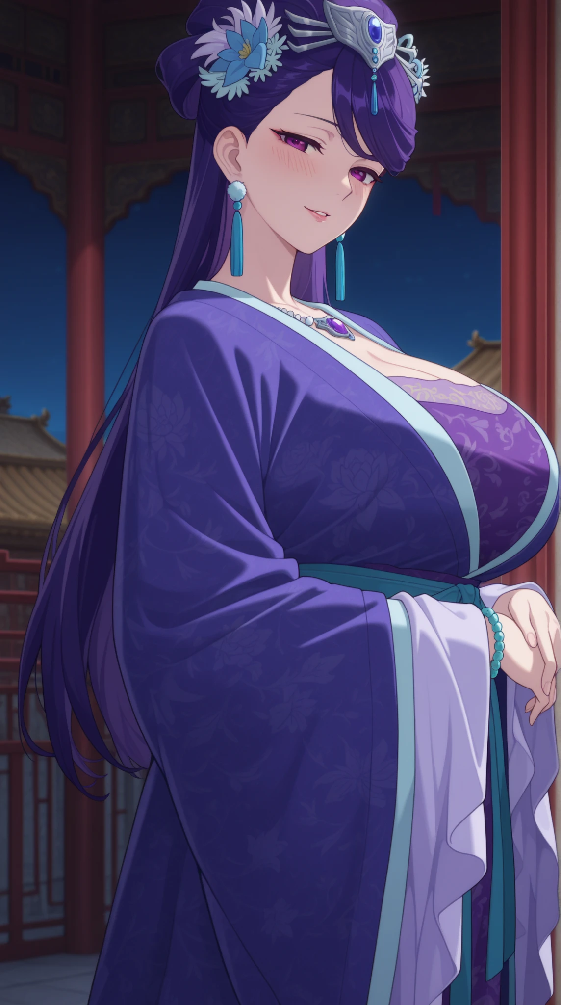 KijouYasha, purple hair, red eyes, red lips, very long hair, large breasts, detailed, hair ornament, oni horns, looking at viewer, 1girl, breasts, long hair, horns, solo, purple hair, dress, very long hair, huge breasts, chinese clothes, , exposed cleavage, , looking at viewer, black dress, china dress, ass, red eyes, smile,   parted bangs, breast hold, thighs, short sleeves, l , hair ornament,(masterpiece: 1.0), (best_quality: 1.0), ultra high resolution, 4K, ultra detailed, photography, 8K, HDR, highres, absurders:1.2, Kodak portra 400, film grain, blurred background, bokeh:1.2, l (vibrant_color:1.2) (Beautiful), (beautiful_face:1.5),(narrow_waist), anime style, sharp focus, professional artwork,trending on pixiv, detailed bold arm lines, high color saturation, bold lines, bold drawing lines), open mouth, (white skin, (fair skin),
