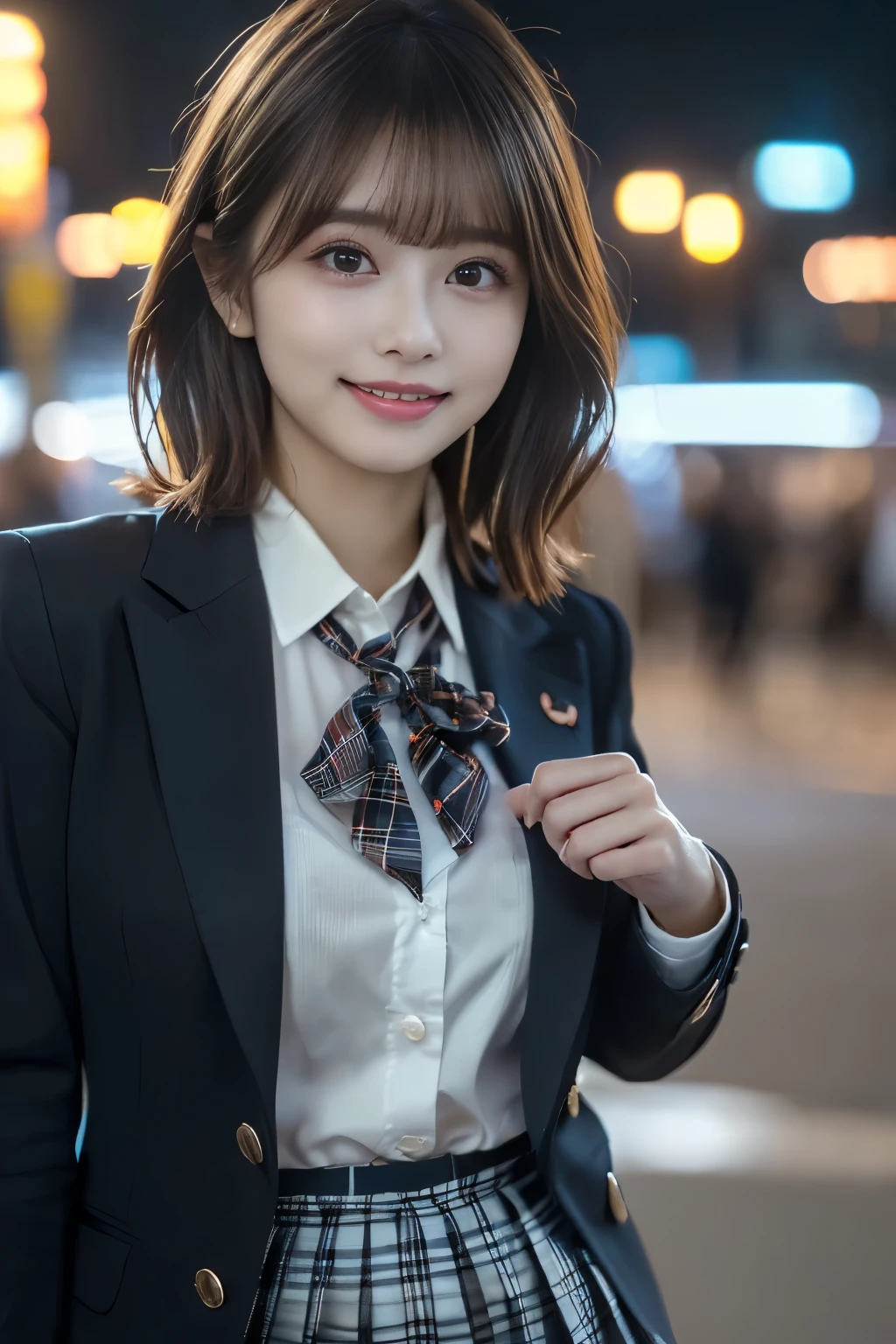(top quality、masterpiece、super quality、Super accurate 、UHD、Ultra high resolution:1.2)、(16k、Photorealistic、Real As Pictured、RAW pictures、f/2.8:1.4)、(Ultra Realistic Details、high detail、very detailed、top qualityの影、depth of field、ray tracing:1.2)、(Babyface、Fashion Model、20 years old:1.uper cute face、One Nogizaka girl:1.3)、(Dynamic Action、Full Body、舞い踊る姿、Professional cinematography、low angle:1.aggy Eyes、double eyelid、Beautiful, clear, dark eyes)、(natural makeup、crystal pendant for acting)、(Big Smiles、happy:1.hort brown hair、bungs、流したbungs:1.2)、(Perfect Anatomy、Perfect proportions、Beautifully detailed body、Beautifully detailed hands and fingers、Beautifully detailed legs、fair skin、very detailedな肌と顔の質感:1.2)、(JK shirt、 JK Plaid Pleated Skirt:1.4)、(JK Blazer Uniform、Female High School Student Uniforms:1.4)、(Depict the fantastic、mysterious、sky full of stars:1.5)、(With her unparalleled beauty and short bob style、Ultra-high-definition of a Japanese idol with an idol-like smile(UHD)Photorealistic画像を制作します。 she says 、パリッとしたFemale High School Student Uniformsに、JK shirtとプリーツスカートを合わせ、Exuding erotic charm。The stage is、Under a starry sky filled with sparkling lights、Depict the fantasticな夜の遊園地。16K解像度とray tracingを駆使し、Ultra Realistic Detailsでシーンを捉え、top qualityの影とdepth of fieldを表現します。Using natural soft light and cinematic lighting techniques,、まさにmasterpieceと言えるプロ仕様の画像を制作します:1.4)、(NATURAL SOFT LIGHT、 cinematic lighting、Professional lighting)