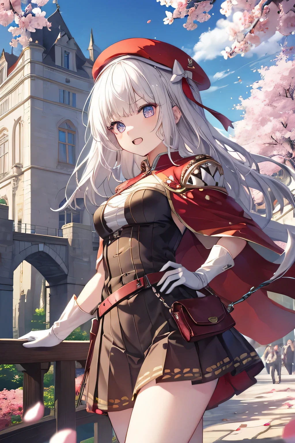 Serious girl, White hair, (showing teeth), castle background, castle background(mansion), complete anatomy,  Graphic Effects, red beret, strong breeze , sakura petals and leaves,    , the best quality