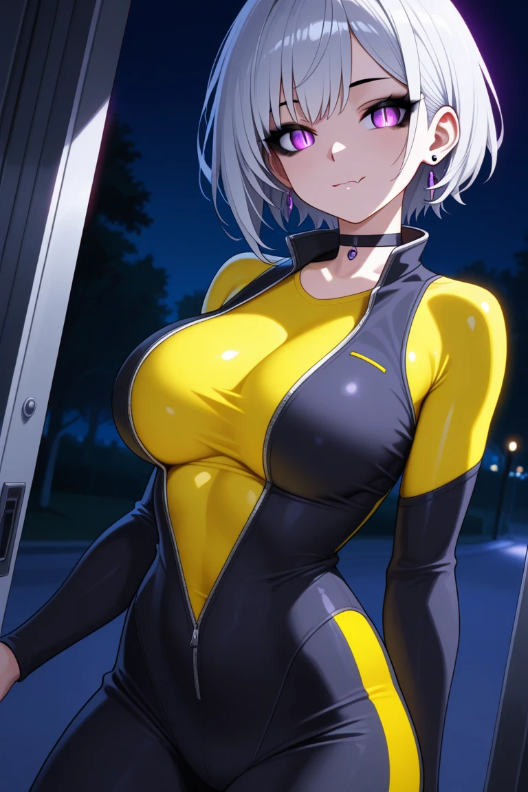score_9, score_8_up, score_7_up, score_6_up, score_5_up, score_4_up, BREAK ,blunt bangs,Gray Hair,Yellow Eyes,ponytail,very big breasts,Sweaty,Overflowing breasts,empty eye,Erect nipples,sagging breasts,Jumpsuit,latex,Underboob,White background,Leg spread