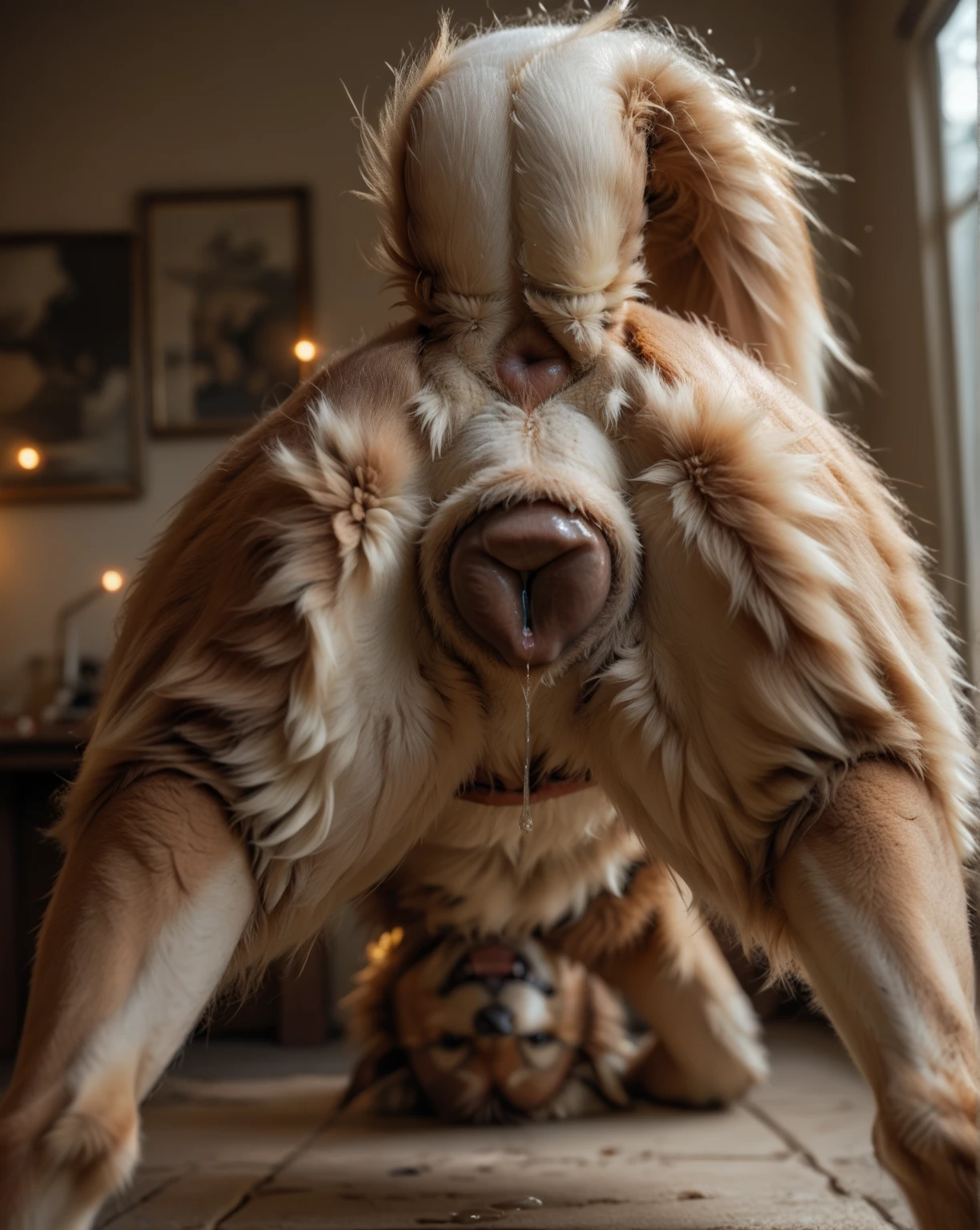 (by darkgem:1.4), masterpiece, best details, real life, depth of field, detailed background, (bright lighting:1.4), nude, solo, (anthro), genitals, with bushy pubic hair and armpit hair, clear details, pleasure, self-pleasure, perfect hands, covered in fur, fangs, tongue, paws, claws, tail, detailed nipples, ((anthro female hyena:1.4), sexy girl woman, monster girl, femme, hairy pussy, exposed vagina, (breasts:1.2)), (stinky, smelly, sweaty, musky, body odour:1.4), (in bed, cuddly, comfortable, inviting, curled up, lying on side, snuggle, under sheets, sleepy), (multi nipples, abdominal nipples, six nipples, teats, lactation:1.4)