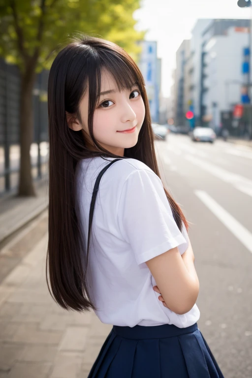 (8K、Raw photography、top-quality、masterpiece:1.2)、(realisitic、Photorealsitic:1.37)、ultra-detailliert、超A high resolution、女の子1人、see the beholder、beautifull detailed face、A smile、Constriction、(Slim waist) :1.3)、The shirt、Beautiful detailed skin、Skin Texture、floated hair、profetional lighting、 (Face like an idol), Incredibly absurd, (cuteness: 1.3), bangss、15yo student、student clothes、