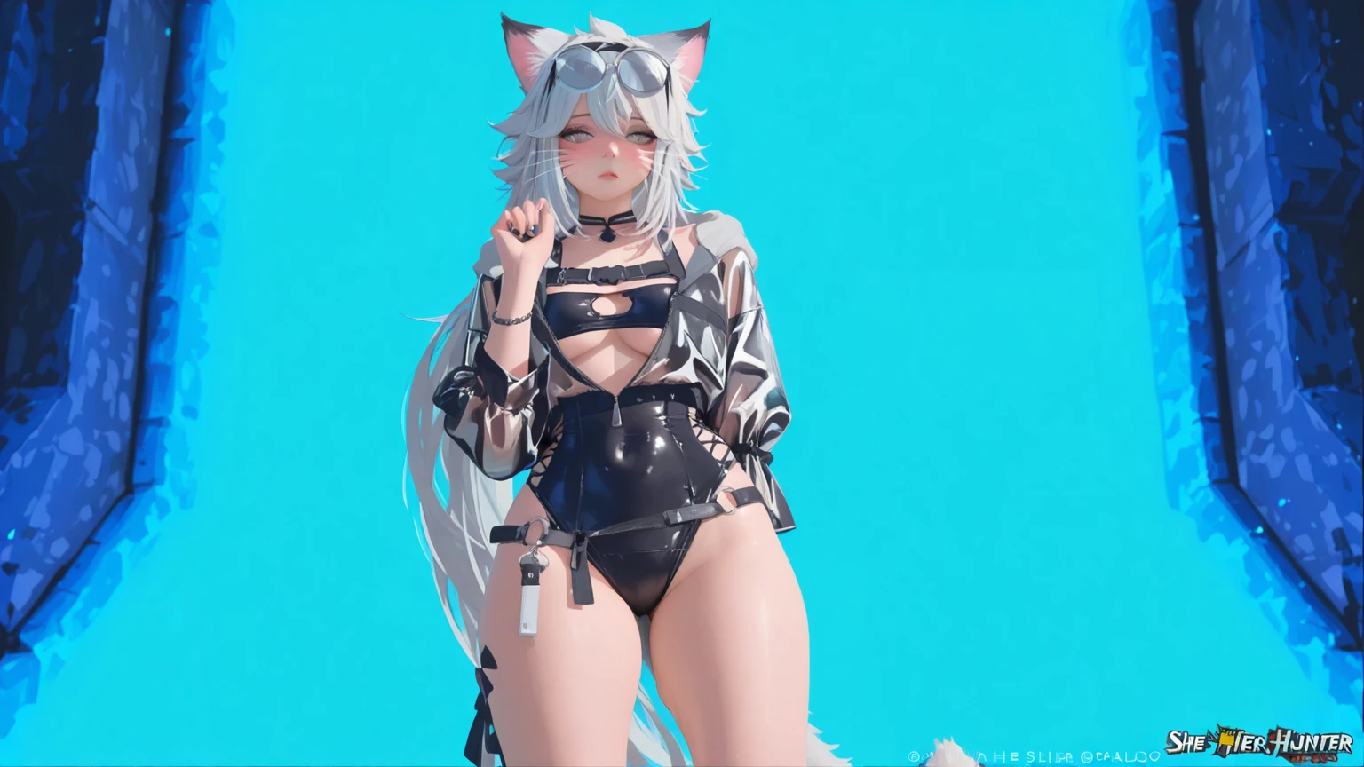 Cat ear doll, Long Hair, 2 heads, Anime girl with white hair and blue eyes, White cat lady, eyes in the style of Nendoroid, Nendoroid eyes, style as Nendoroid, water color Nendoroid, Nendoroid, Nendoroid 3 d, Nendoroid, Swimsuit, She has a pretty, expressive face, an anime Nendoroid of karl marx