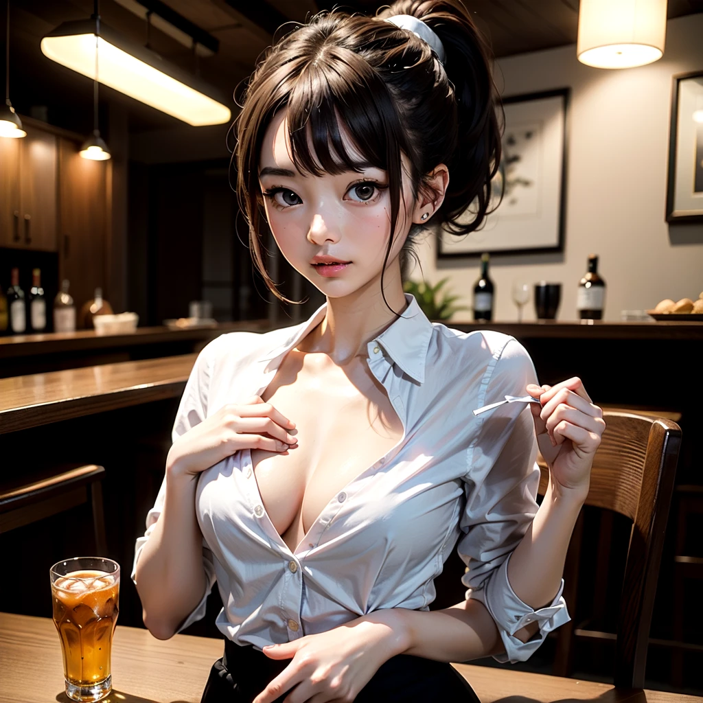 super high image, super detail, super high resolution, a very sexy woman, vest on shirt, a bartender in uniform, resting her chin on the counter, amorous expression, lewd expression, huge breasts, great proportion, perfect proportion, slender, professional lighting
