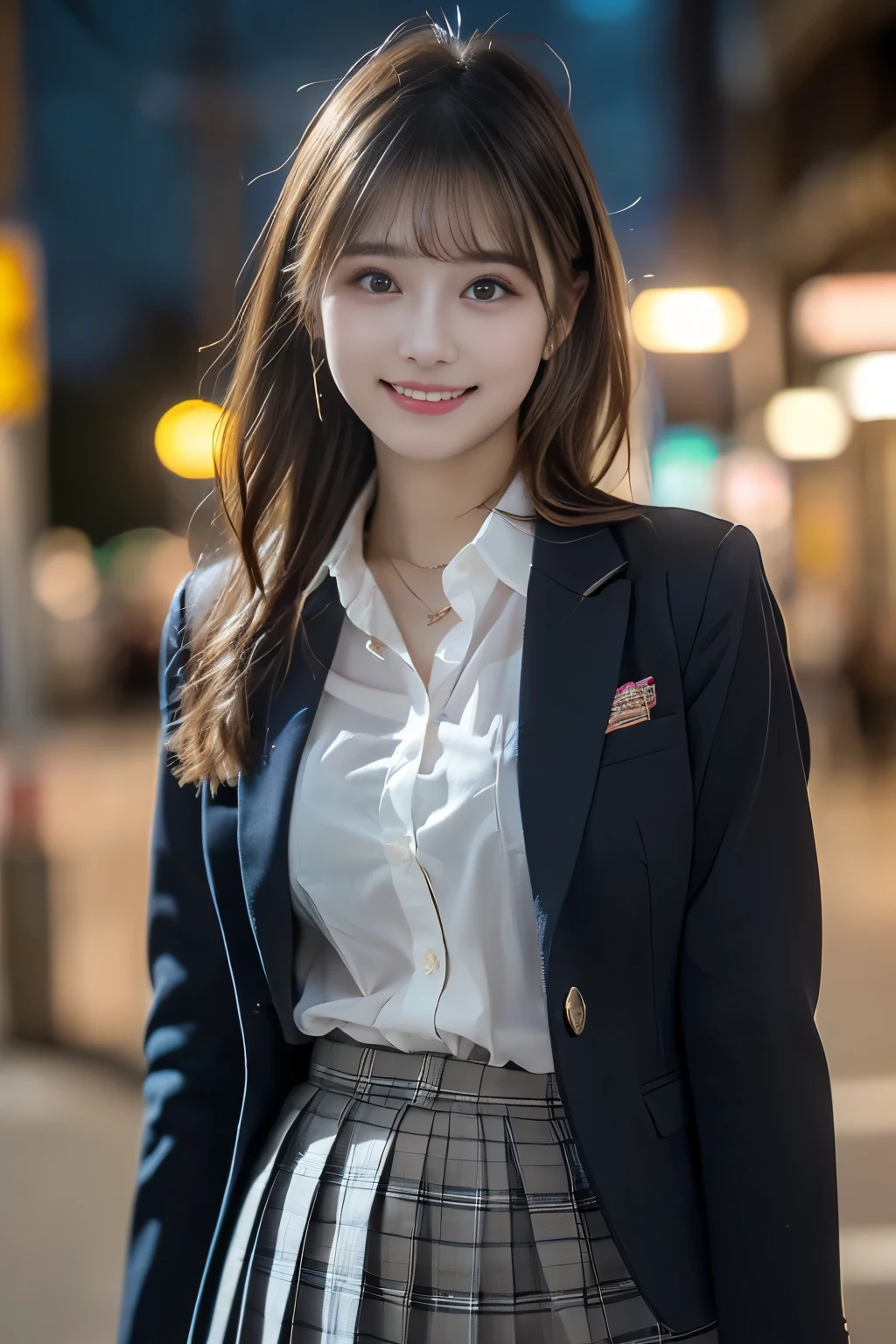(top quality、masterpiece、super quality、Super accurate 、UHD、Ultra high resolution:1.2)、(16k、Photorealistic、Real As Pictured、RAW pictures、f/2.8:1.4)、(Ultra Realistic Details、high detail、very detailed、top qualityの影、depth of field、ray tracing:1.2)、(Babyface、Fashion Model、20 years old:1.uper cute face、One Nogizaka girl:1.3)、(Dynamic Action、Full Body、舞い踊る姿、Professional cinematography、low angle:1.aggy Eyes、double eyelid、Beautiful, clear, dark eyes)、(natural makeup、crystal pendant for acting)、(Big Smiles、happy:1.hort brown hair、bungs、流したbungs:1.2)、(Perfect Anatomy、Perfect proportions、Beautifully detailed body、Beautifully detailed hands and fingers、Beautifully detailed legs、fair skin、very detailedな肌と顔の質感:1.2)、(JK shirt、 JK Plaid Pleated Skirt:1.4)、(JK Blazer Uniform、Female High School Student Uniforms:1.4)、(Depict the fantastic、mysterious、sky full of stars:1.5)、(With her unparalleled beauty and short bob style、Ultra-high-definition of a Japanese idol with an idol-like smile(UHD)Photorealistic画像を制作します。 she says 、パリッとしたFemale High School Student Uniformsに、JK shirtとプリーツスカートを合わせ、Exuding erotic charm。The stage is、Under a starry sky filled with sparkling lights、Depict the fantasticな夜の遊園地。16K解像度とray tracingを駆使し、Ultra Realistic Detailsでシーンを捉え、top qualityの影とdepth of fieldを表現します。Using natural soft light and cinematic lighting techniques,、まさにmasterpieceと言えるプロ仕様の画像を制作します:1.4)、(NATURAL SOFT LIGHT、 cinematic lighting、Professional lighting)