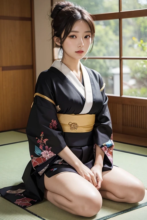 hadanugi_dousa, 1girl, japanese_clothes, weapon, sword, kimono, open_kimono, 1boy, indian_style, sitting, black_hair, sarashi, holding_weapon, open_clothes, hair_ornament, old, katana, facial_hair, holding_sword, indoors, sliding_doors, holding, tattoo, looking_at_viewer, old_man, tatami, barefoot, realistic, bow_(weapon), white_hair, short_hair, bare_shoulders, black_kimono, mustache