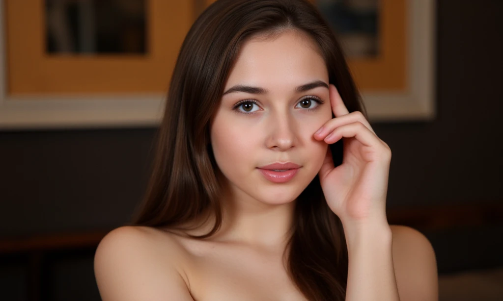 cute 22 year old girl, sonriente, piel blanca. Sentada en la cama