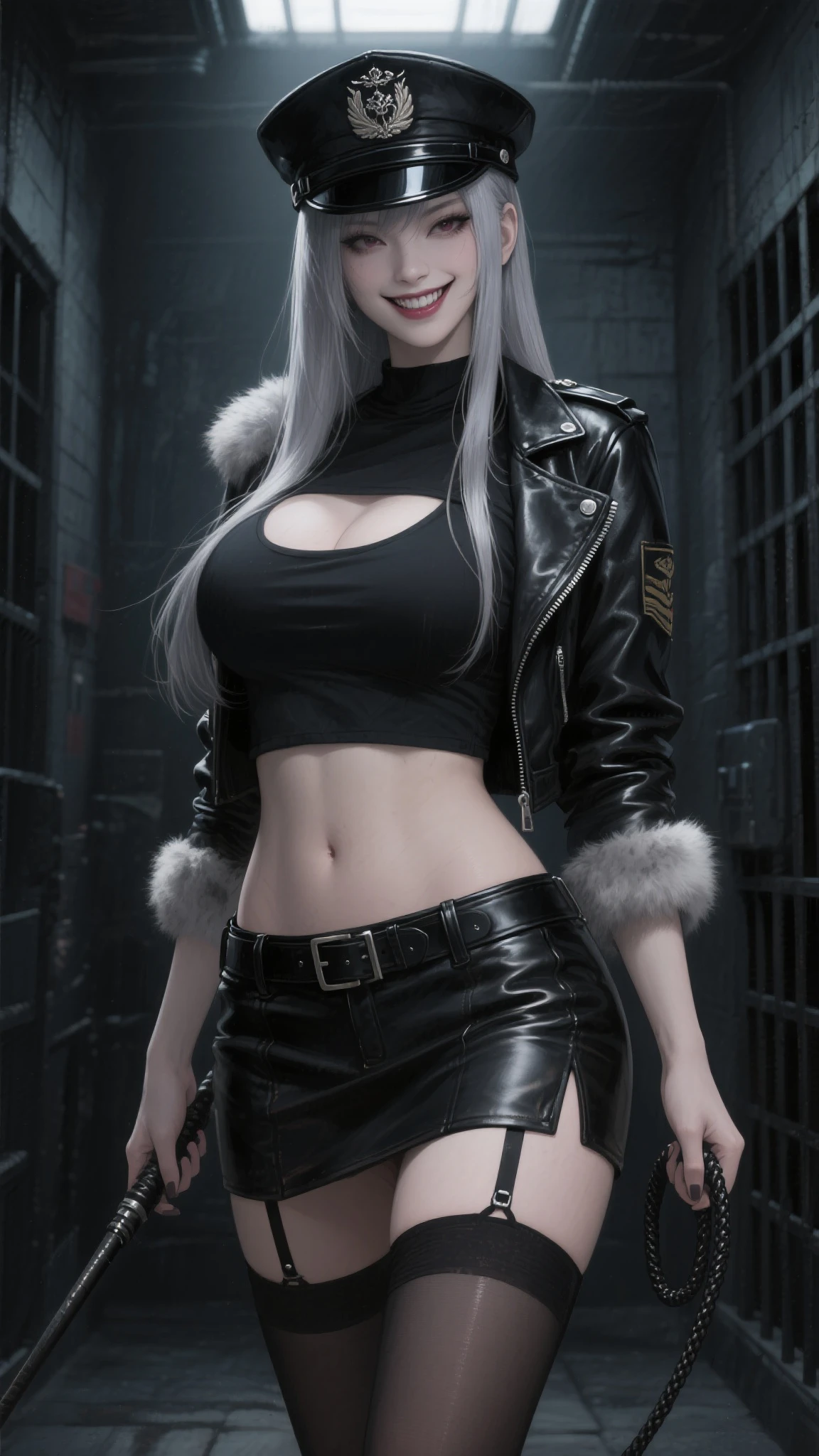 ((masterpiece)),((best quality)),((High detail)),((Realistic,)), 1 shy girl, stylish makeup, gray hair, seductive eyes, bright lips, sexy pose, (beautiful detailed face: 1.0), feminine approach, black sleeveless jacket, open jacket, no bra, bare breasts, big breasts, (perfect body), prominent nipples, torn black leather pants, standing and looking at the sky, desert, tight clothes,