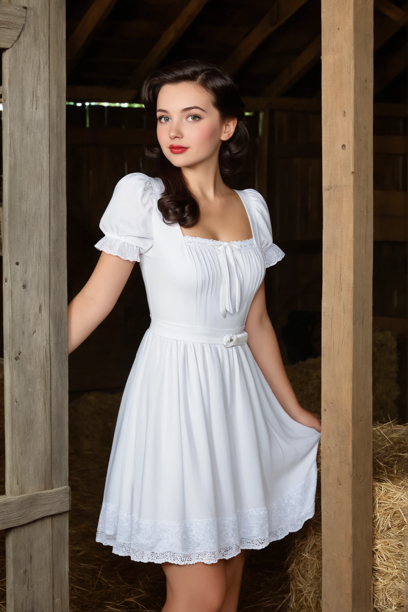 panorama of the town, street, woman 40 years old, in a dress with long sleeves from the times of the wild west, hair tied up, near a wooden building, full length, smiling, western,