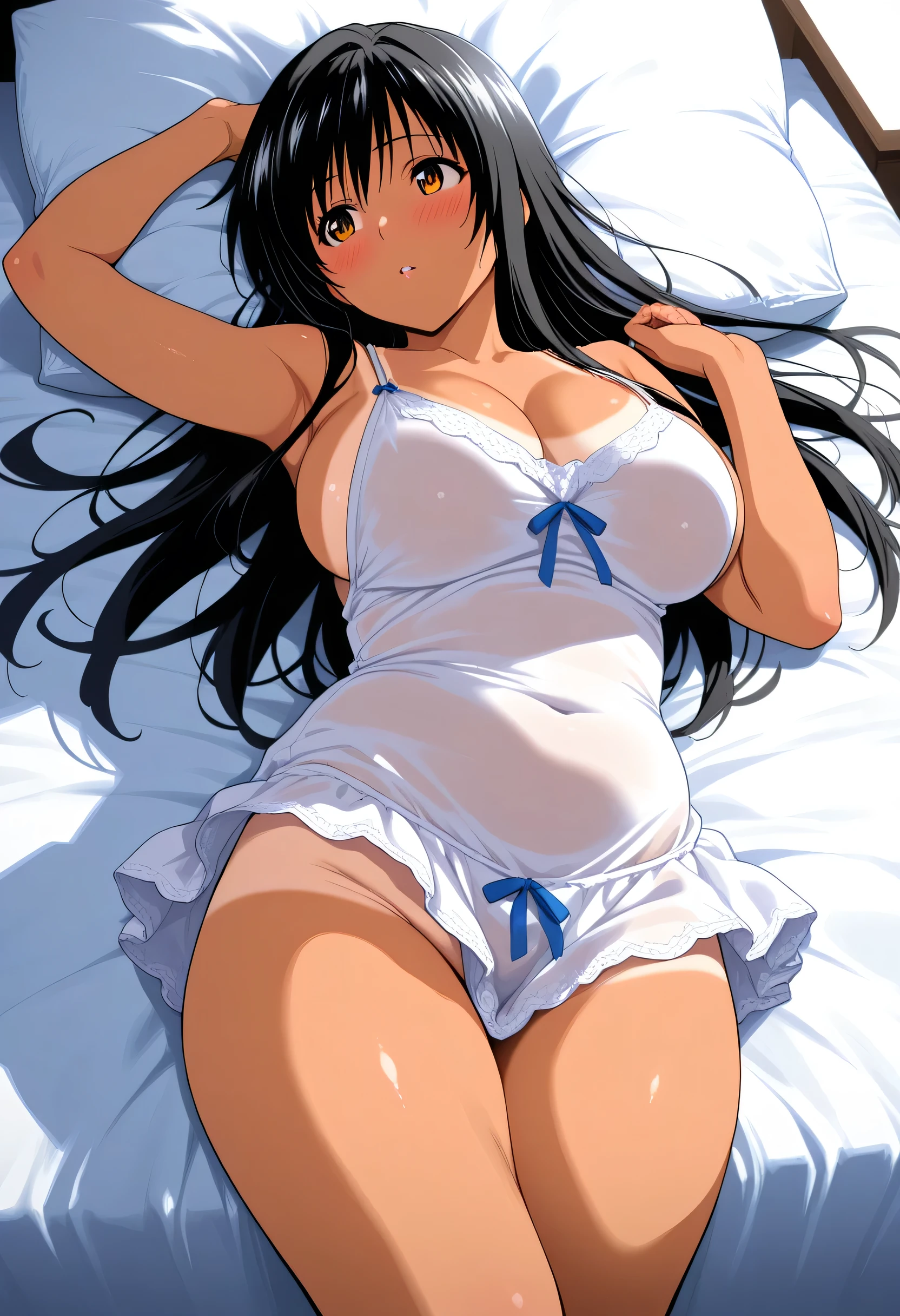 masterpiece, highest quality, Detailed face, Beautiful and detailed eyes, Beautiful Face, Perfect body, Official Art, grand plix award illustration, official art,Professional Lighting,
One girl, kotegawa yui, to love-ru,perfect body,black Hair, long Hair, brown eyes,
white collared shirt over naked,extra large shirt,sleeve past hands,lying side on the bed,
Style of Yabuki Kentaro, To Love-Ru art style,
libido expression, seductive smile
