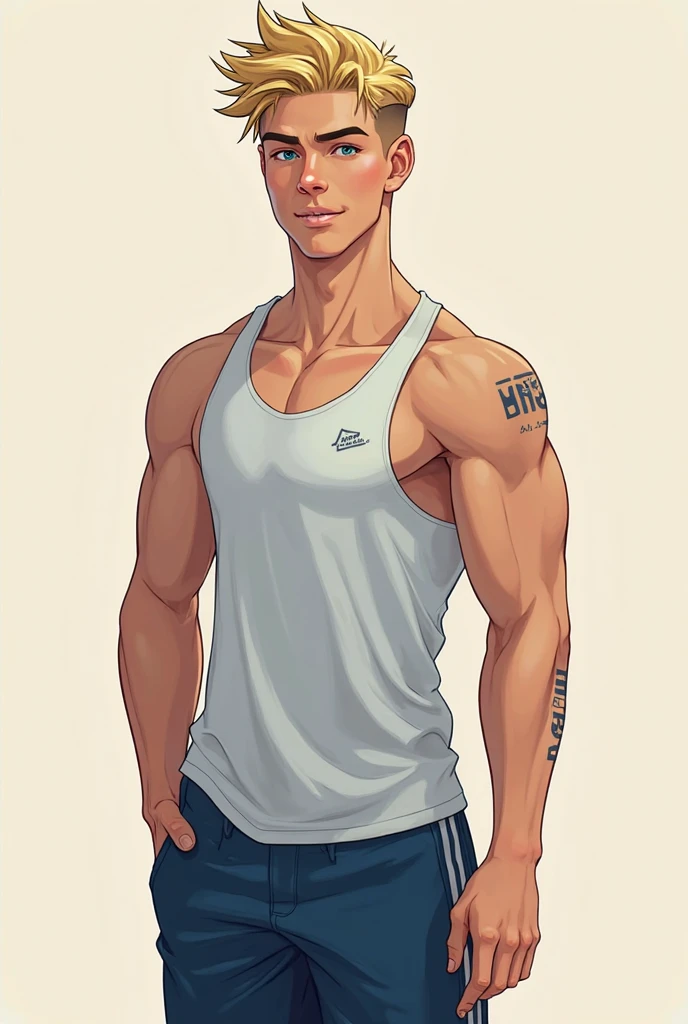 IIn jc leyendecker art style, view from aside, superrealistic, superdetailed, IN THE ENTRANCE OF A HOSPITAL, going out a latino, leadership body language, perfect anatomy, young, wearing white tank top blue shorts, very skinny slim body, detailed muscles, blond, hidden smiling, peaceful gaze, nice smile, masculine look, wearing sport outfit, going out of a corner of a hospital in sunny day