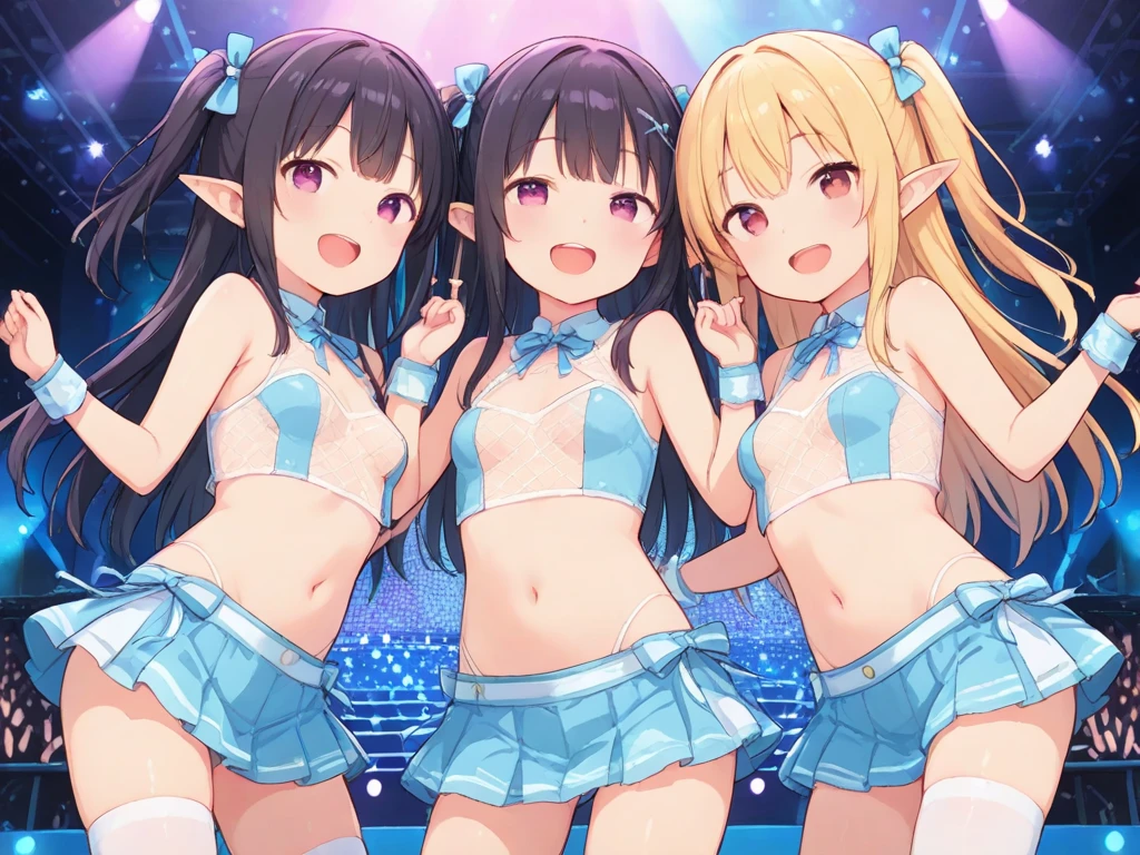 masterpiece, ((Highest quality))、Idol Concert、(three cute naked girls、A good friend、sing、dance、kawaii:1.4、12 years old、smile:1.3、smile、Mr.々Hair style、pubic hair)、(((Full nudity、tits、Pussy)))、(Realistic and detailed skin texture、Idol's clothes:1.2、hair ornaments、Concert Stage)