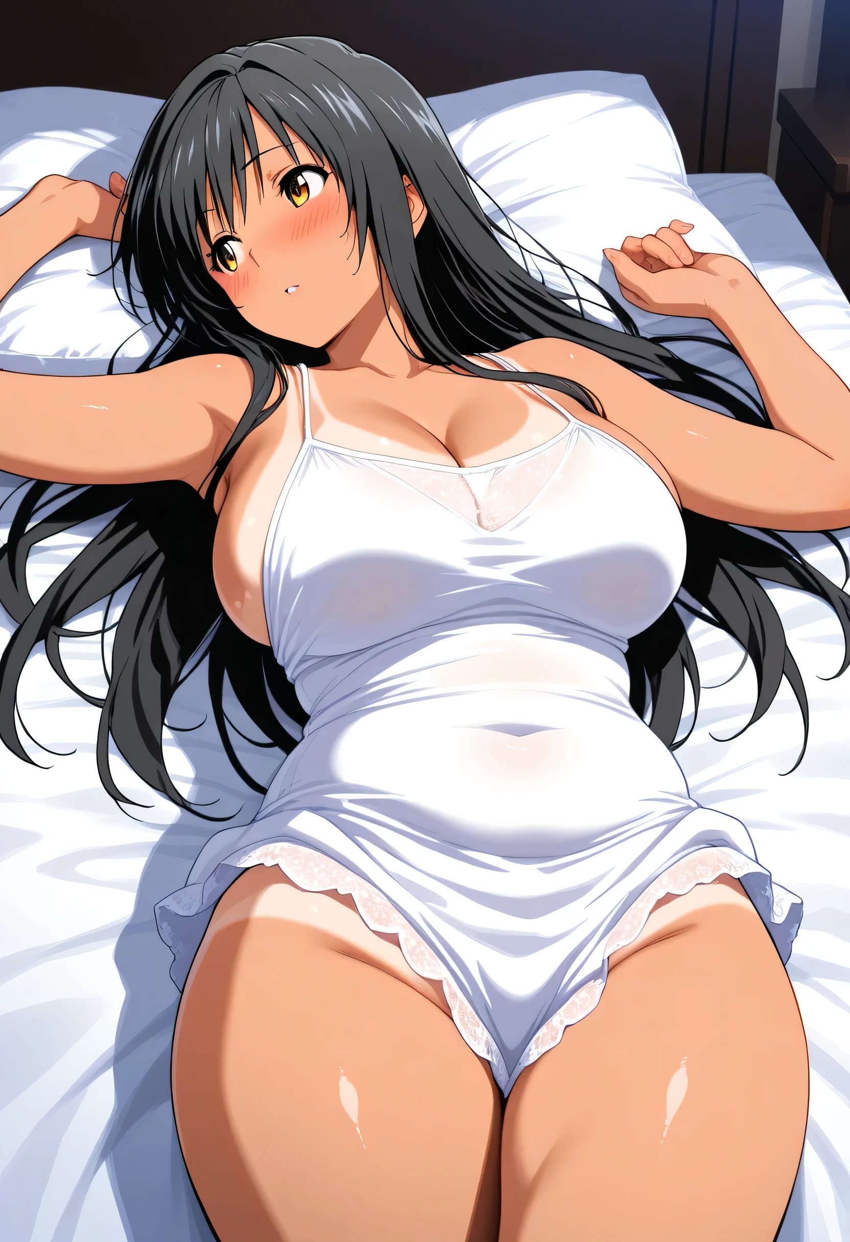 (masterpiece:1.5),(View from below:1.4),NSFW,(brightly lit room:1.3),(laying on back:1.4),Perfect female body,vivd colour,Perfect litthing,(Light from the front,Light shines on the face:1.3),(very precise details,Ultra High Resolution,the Extremely Detailed CG Unity 8K Wallpapers:1.5),(Realistic,Photorealsitic,hyper realisitic:1.5),(Curve,Model,glamor:1.5),Beautiful breasts,Farbe_aberration,beautiful detailed shadow,Beautiful eyes,Beautiful body,Beautiful skin,beautifull hands,(Aesthetic Anime Eyes:1.4),shinny hair,(A dark-haired:1.5),(Long straight hair:1.5)、(ssmile,red blush:1.4),Girl sitting,(toppless:1.4),(No bra:1.3),Fluffy bathrobe,(Exquisite cloth,Very detailed panties,Lace-trimmed legwear:1.4),Large breasts,Bedroom,on the beds,sitting on,Hands behind the head,Beautiful breasts,white hair ornament,blue eyess,animesque,(Slightly open mouth:1.0),(s lips:1.4),(White bathrobe:1.4),
Big anime girl lying on her back on bed, Seductive Anime Girl,anime moe art style, oppai, Anime Best Girl, Smooth Anime CG Art, marin kitagawa fanart, Ecchi anime style, beautiful alluring anime , beautiful alluring anime woman, Ecchi, charming anime girls, official anime still,(white panties:1.3),