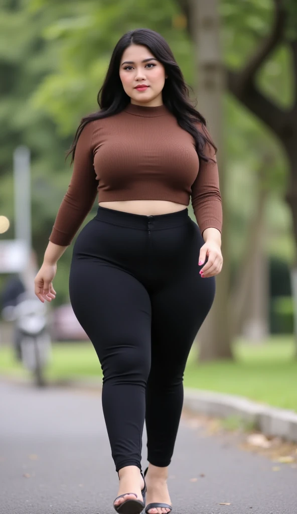 ((best quality)), ((masterpiece)), (detailed), perfect face, a woman in a black top and skinny pants posing for a picture, bbwchan, thick body, thicc, she has a jiggly fat round belly, korean girl, curvy model, beautiful thick female, thick, heonhwa choe, widest hips, skinny waist and thick hips, alluring plus sized model, thick thighs, nene tanaka body, nene tanaka face. Bbwchan, full body wide view, wearing a red sneaker