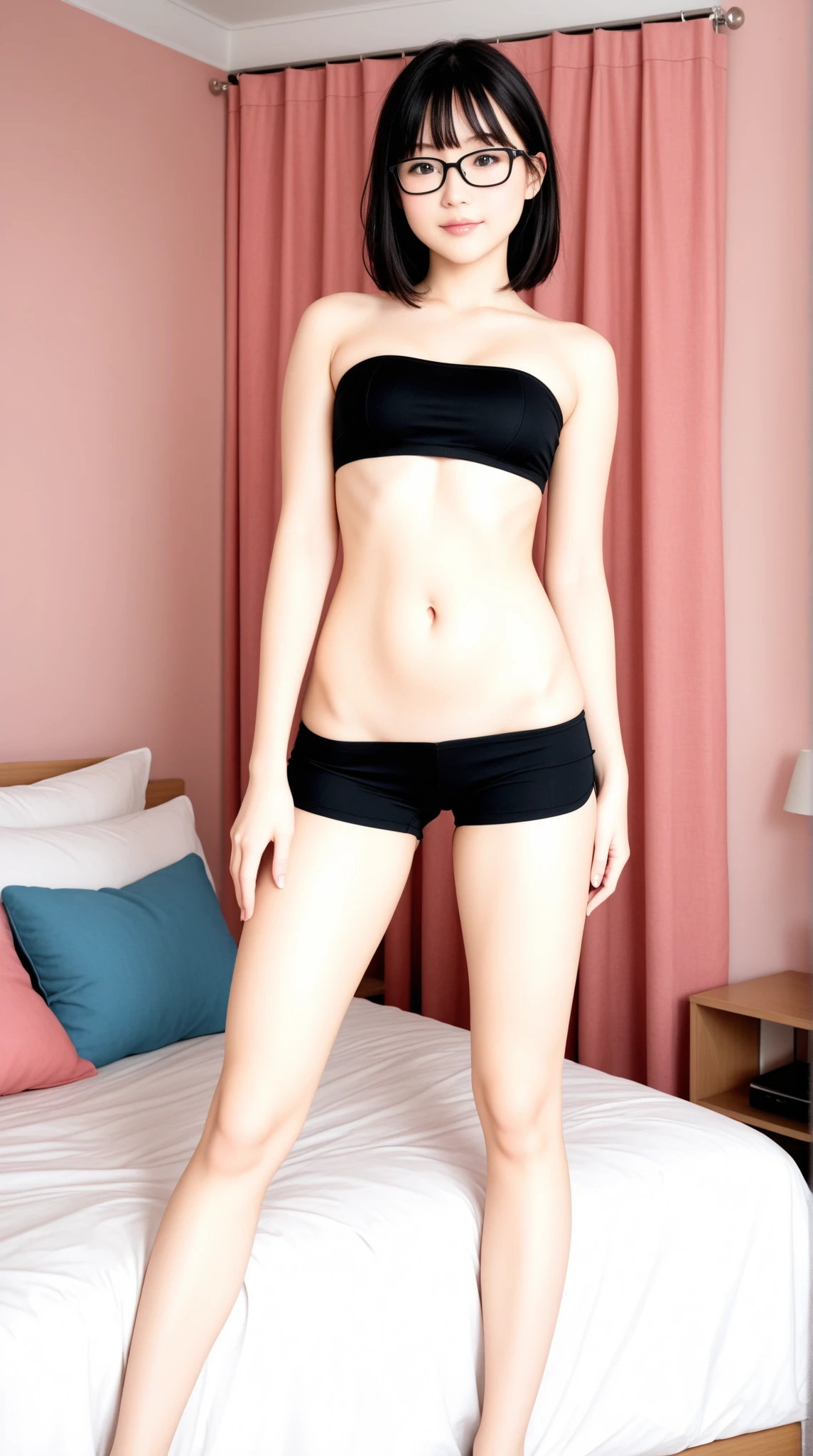 Two Japanese boys、13 yet limbs and short stature、Slightly toned muscles and smooth skin、Sporty short hair、A friendly, relaxed and healthy smile、Her lively pose and figure give her a childlike impression.、Orange and black tight lightweight boxer briefs、Healthy muscle development from a young age、Posing musclen the bathroom、The whole body is well visible、