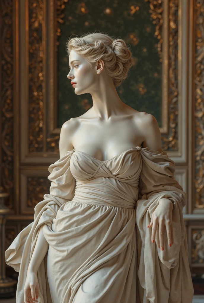 Masterpiece, photo realistic, 8 k, bust shot, hyper detailed, royal, Beautiful elegant Caucasian 20 year old woman, vintage hairstyle and clothing, imagined as a intricate extremely detailed stone statue, (plastic look:1.4), withered stone, statues colour is monochromatic