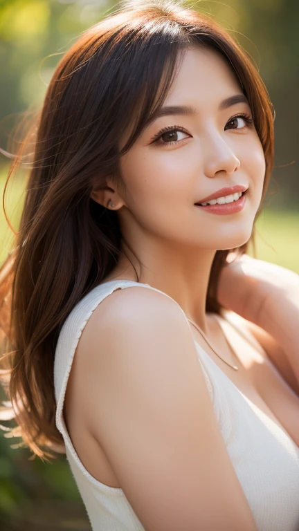 highest quality。masterpiece。Ultra HD。girl。23age。Gravure idol。Features。Long Hair。The color is dark brown。(((Amazingly large breasts:5.0)))。Glamorous body。Long legs。Like a chamois。A girl who looks good in a bikini。Best regards。she smiles a little.