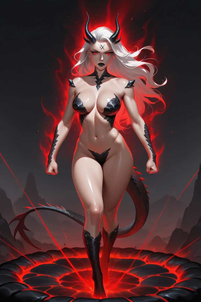 (masterpiece, best quality:1.2), standing split, standing on one leg, (Majestic, Terrifying, female Lava Demon), (Volcanic, Infernal, Creature), (Dark, Scarlet, Skin), (High resolution, 8K Wallpaper), Textured, Sculpted Muscles, Vibrant, Glowing Eyes, Sultry, Smoky Breath, Fire, Magma, (Two horns, Tail coils), (Sensitive, Lava Skin), Showcasing, Detailed Facial Features, Charred, Craggy Complexion, (Dynamic, Dramatic Lighting), Smoldering, Epic, Lava, Volcano, Molten, (full body armor:1.2)