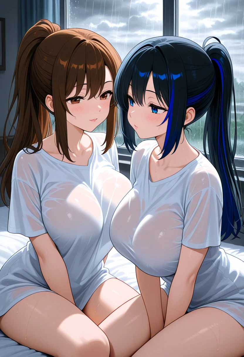 Highest quality, masterpiece, oil, Sparkling detailed eyes,blush, Open your mouth,White blouse,Small breasts,Nipples,Two Girls,twins,Titty fuck,penis,Bust Shot,Upper Body