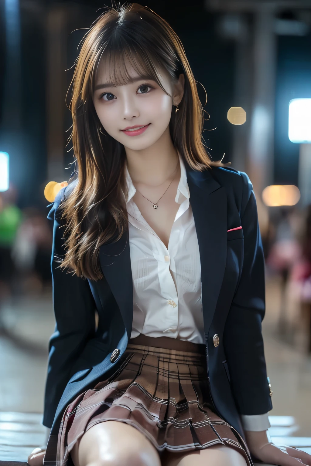 (top quality、masterpiece、super quality、Super accurate 、UHD、Ultra high resolution:1.2)、(16k、Photorealistic、Real As Pictured、RAW pictures、f/2.8:1.4)、(Ultra Realistic Details、high detail、very detailed、top qualityの影、depth of field、ray tracing:1.2)、(Babyface、Fashion Model、20 years old:1.uper cute face、One Nogizaka girl:1.3)、(Dynamic Action、Full Body、舞い踊る姿、Professional cinematography、low angle:1.aggy Eyes、double eyelid、Beautiful, clear, dark eyes)、(natural makeup、crystal pendant for acting)、(Big Smiles、happy:1.hort brown hair、bungs、流したbungs:1.2)、(Perfect Anatomy、Perfect proportions、Beautifully detailed body、Beautifully detailed hands and fingers、Beautifully detailed legs、fair skin、very detailedな肌と顔の質感:1.2)、(JK shirt、 JK Plaid Pleated Skirt:1.4)、(JK Blazer Uniform、Female High School Student Uniforms:1.4)、(Depict the fantastic、mysterious、sky full of stars:1.5)、(With her unparalleled beauty and short bob style、Ultra-high-definition of a Japanese idol with an idol-like smile(UHD)Photorealistic画像を制作します。 she says 、パリッとしたFemale High School Student Uniformsに、JK shirtとプリーツスカートを合わせ、Exuding erotic charm。The stage is、Under a starry sky filled with sparkling lights、Depict the fantasticな夜の遊園地。16K解像度とray tracingを駆使し、Ultra Realistic Detailsでシーンを捉え、top qualityの影とdepth of fieldを表現します。Using natural soft light and cinematic lighting techniques,、まさにmasterpieceと言えるプロ仕様の画像を制作します:1.4)、(NATURAL SOFT LIGHT、 cinematic lighting、Professional lighting)